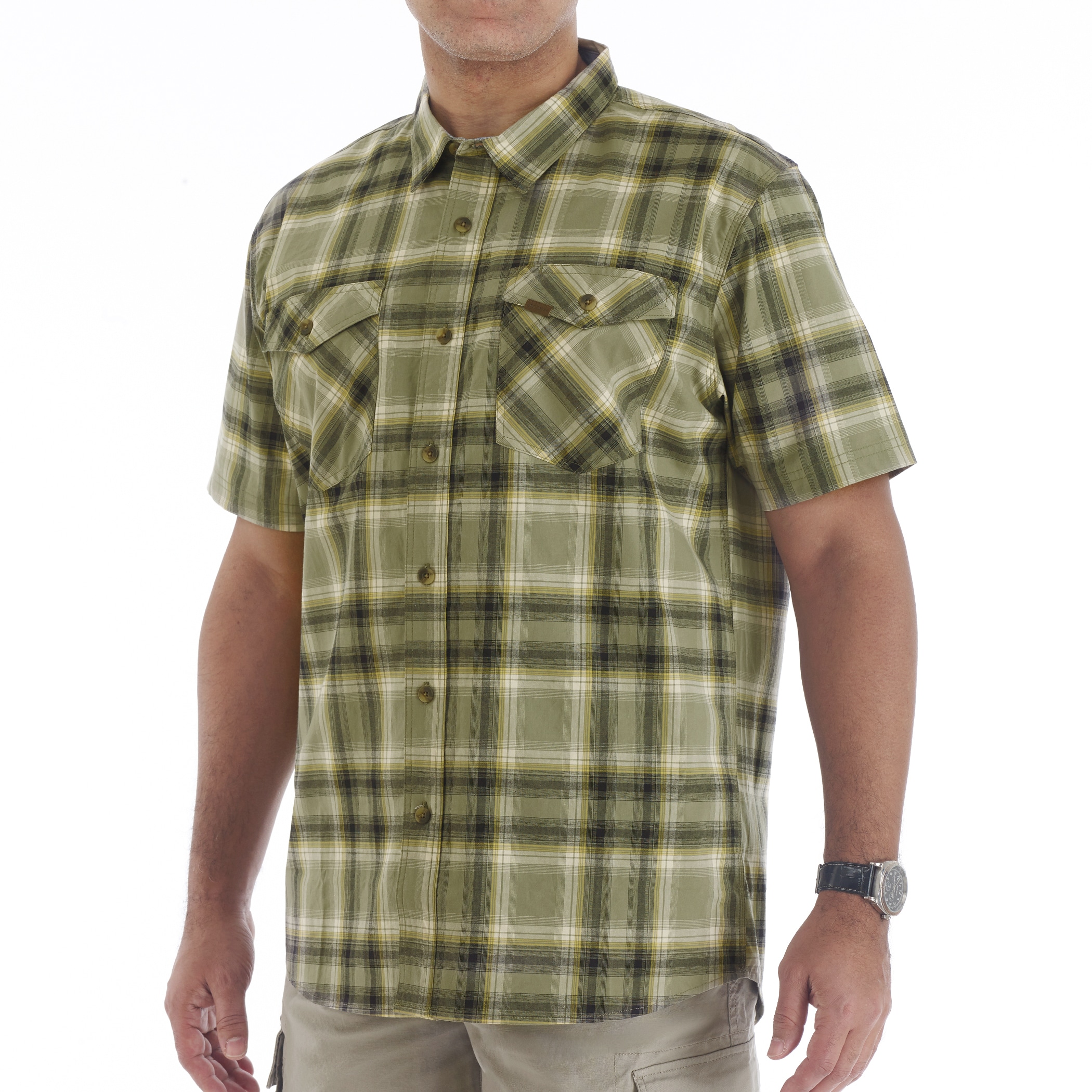 Camisa de botones de manga corta a cuadros en verde para hombre de Smith's Workwear (Grande)