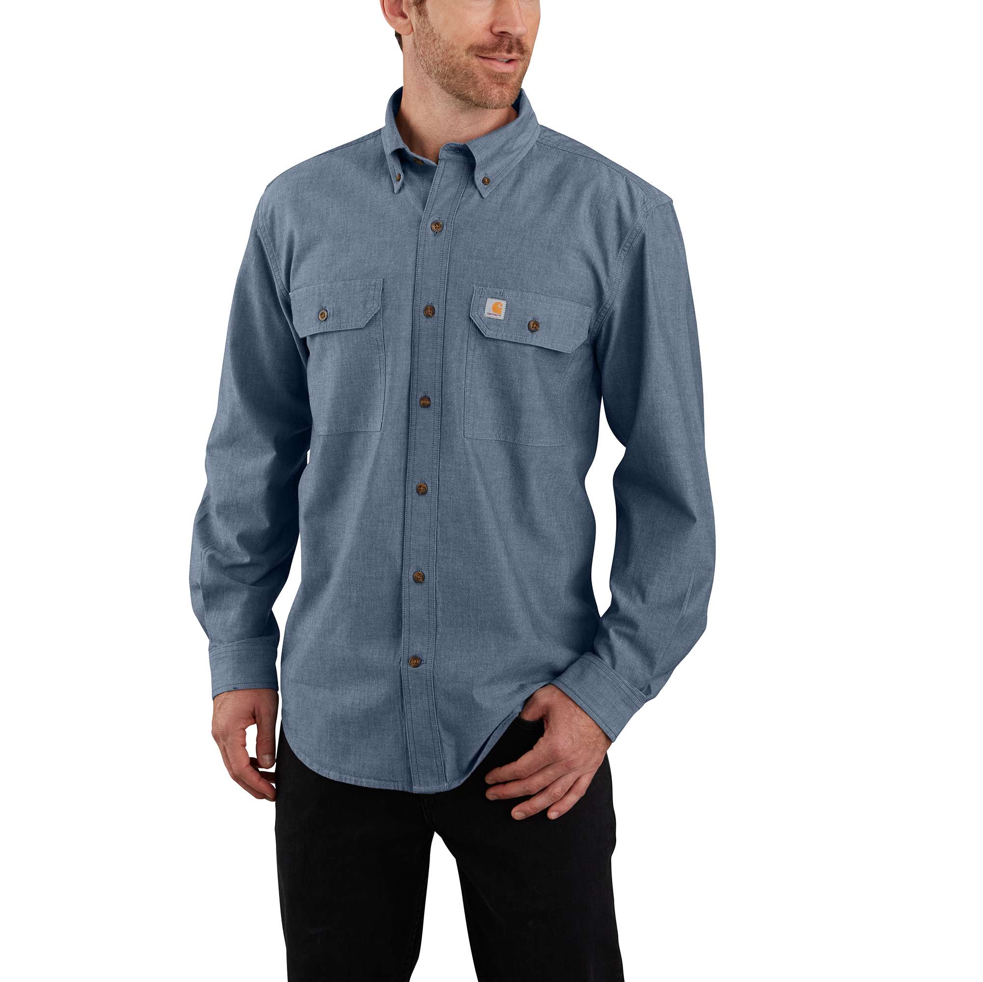 Camisa de botones de manga larga de chambray azul para hombre Carhartt (Talla Grande)