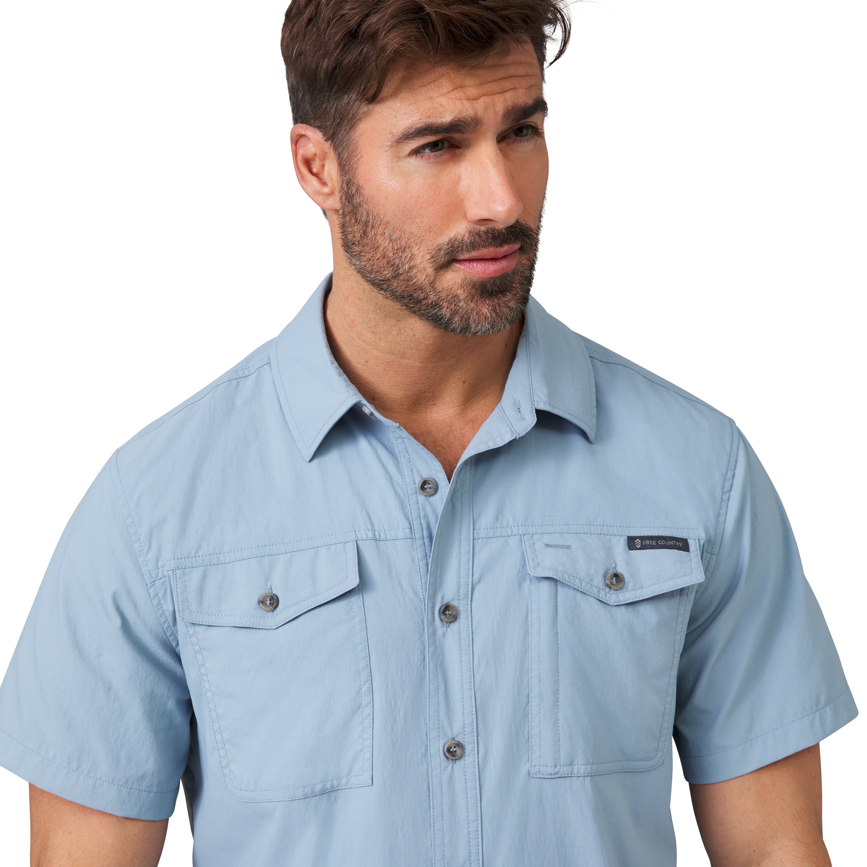 Camisa de botones sólidos de manga corta en azul para hombre de Free Country (XL)