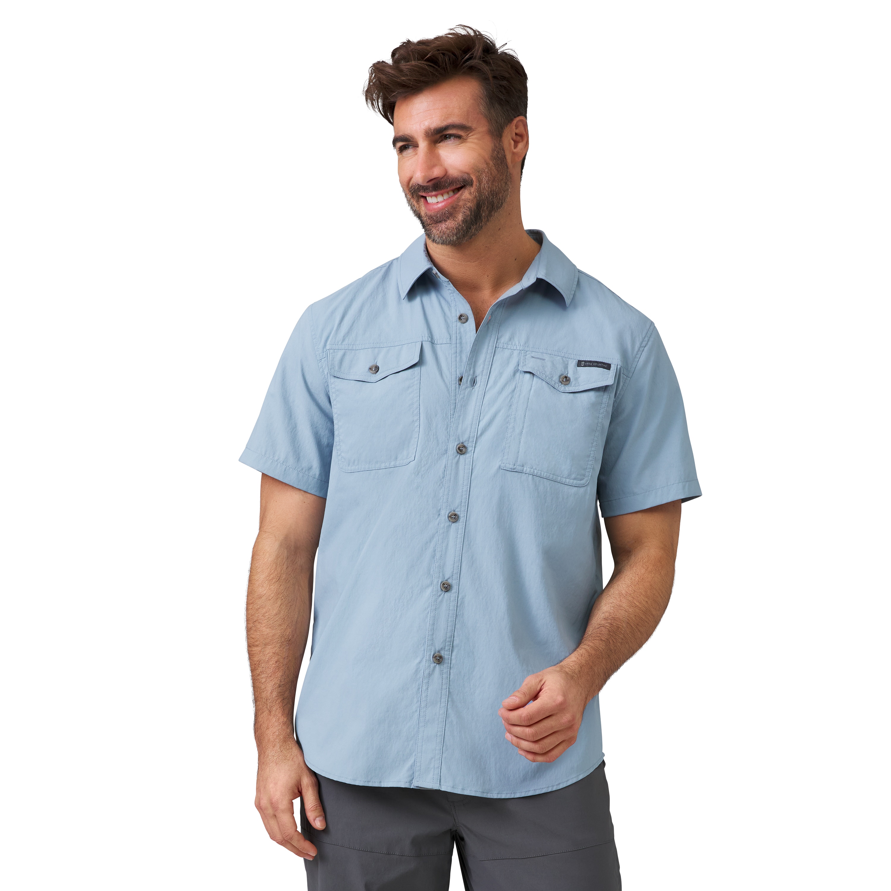 Camisa de botones sólidos de manga corta en azul para hombre de Free Country (XL)