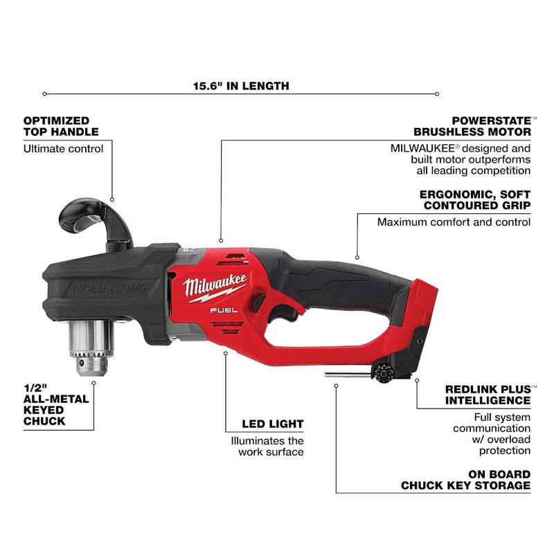 Milwaukee M18 FUEL 18V Lithium-Ion Brushless Cordless GEN 2 SUPER HAWG Taladro de Ángulo Recto de 1/2 pulgadas y Taladro de Ángulo Recto Hole Hawg - 2809-20-2807-20