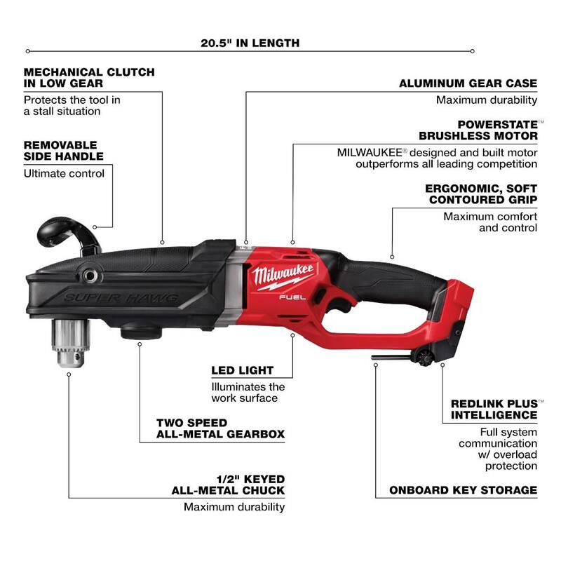 Milwaukee M18 FUEL 18V Lithium-Ion Brushless Cordless GEN 2 SUPER HAWG Taladro de Ángulo Recto de 1/2 pulgadas y Taladro de Ángulo Recto Hole Hawg - 2809-20-2807-20