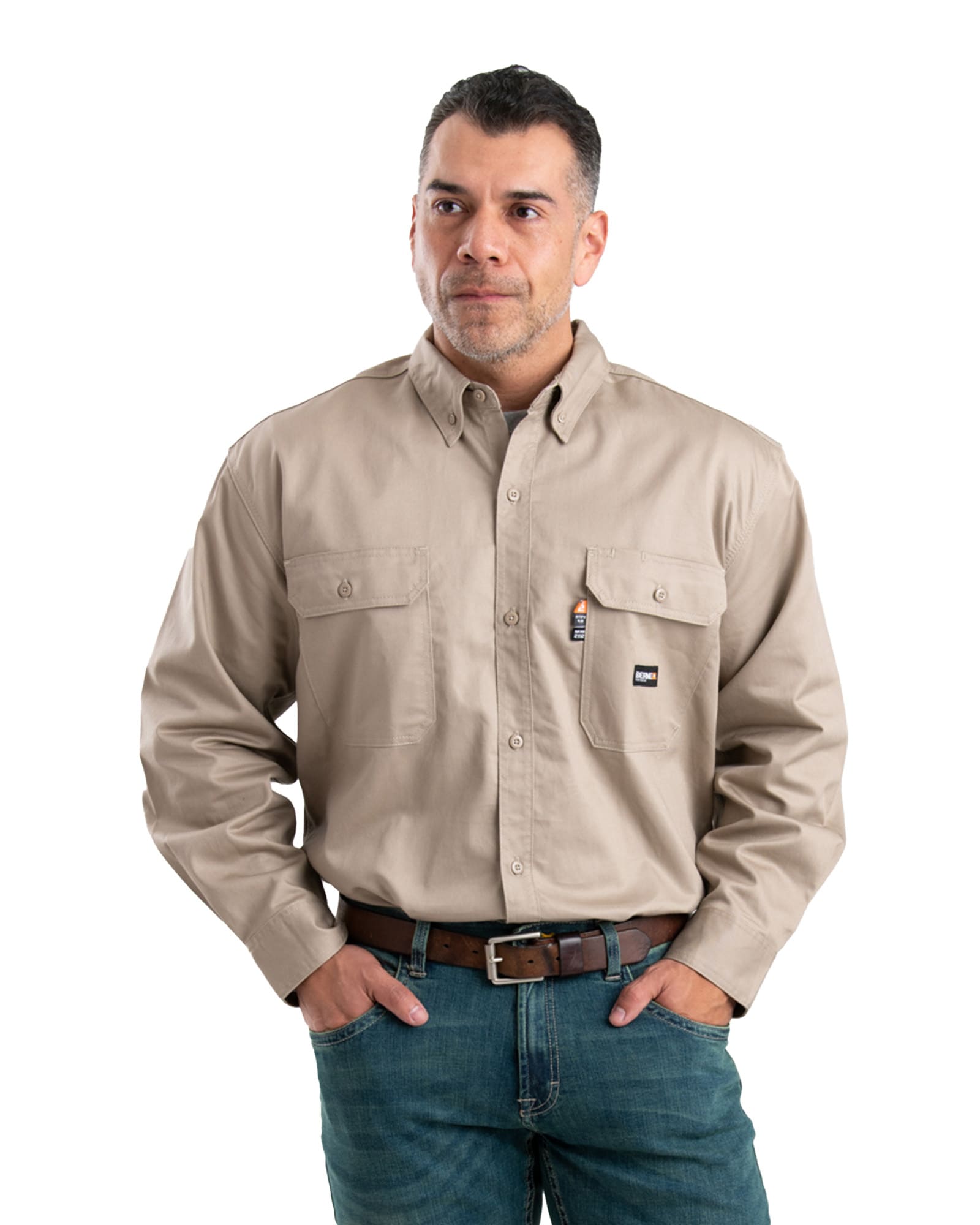 Camisa de botones de manga larga de twill marrón para hombre (Talla 6XL)