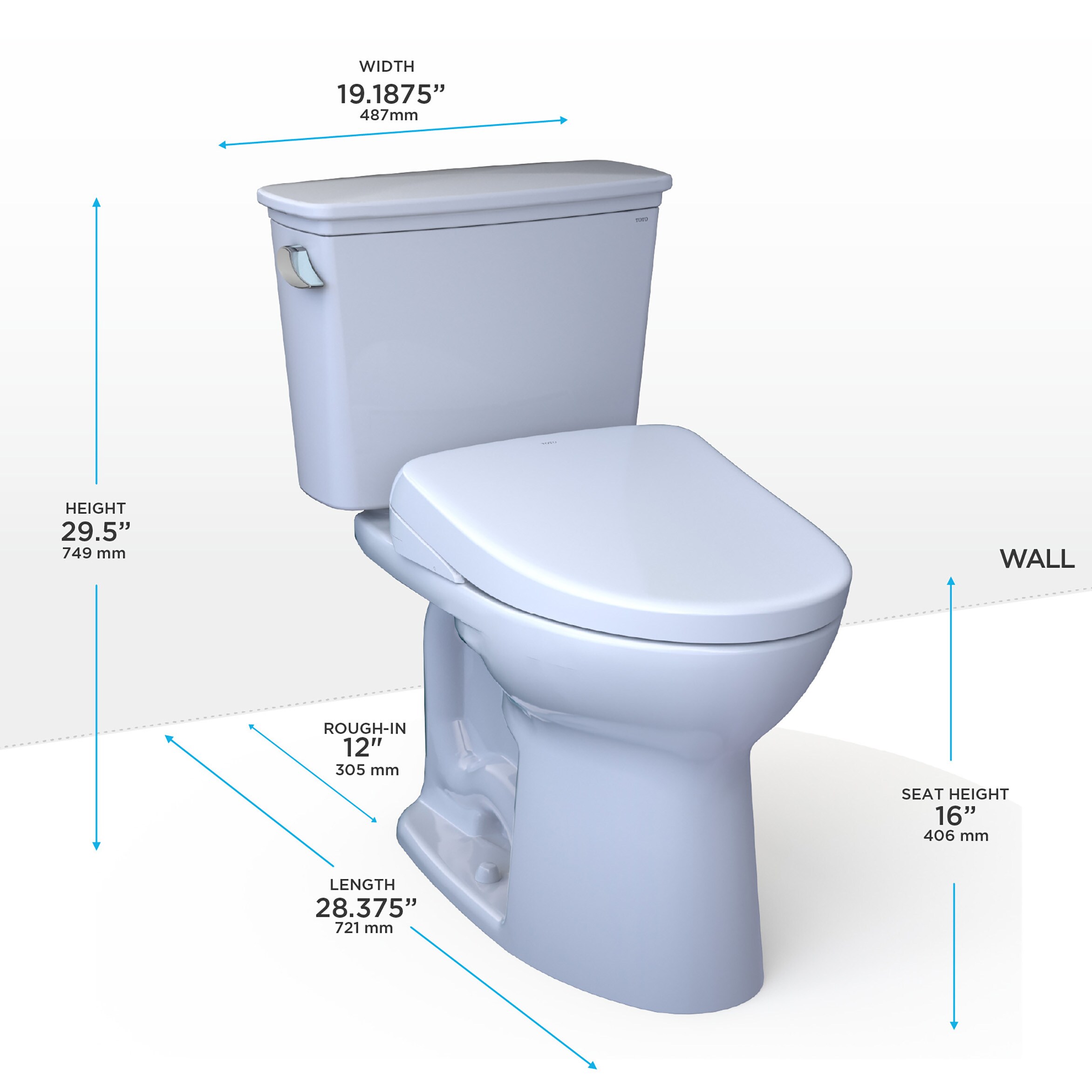 TOTO Drake Algodón Blanco Individual alargado con altura personalizada Cierra suave Bidet de 2 piezas de 12 pulgadas de descarga áspera de 1,28 GPF MW7864736CEGA-01