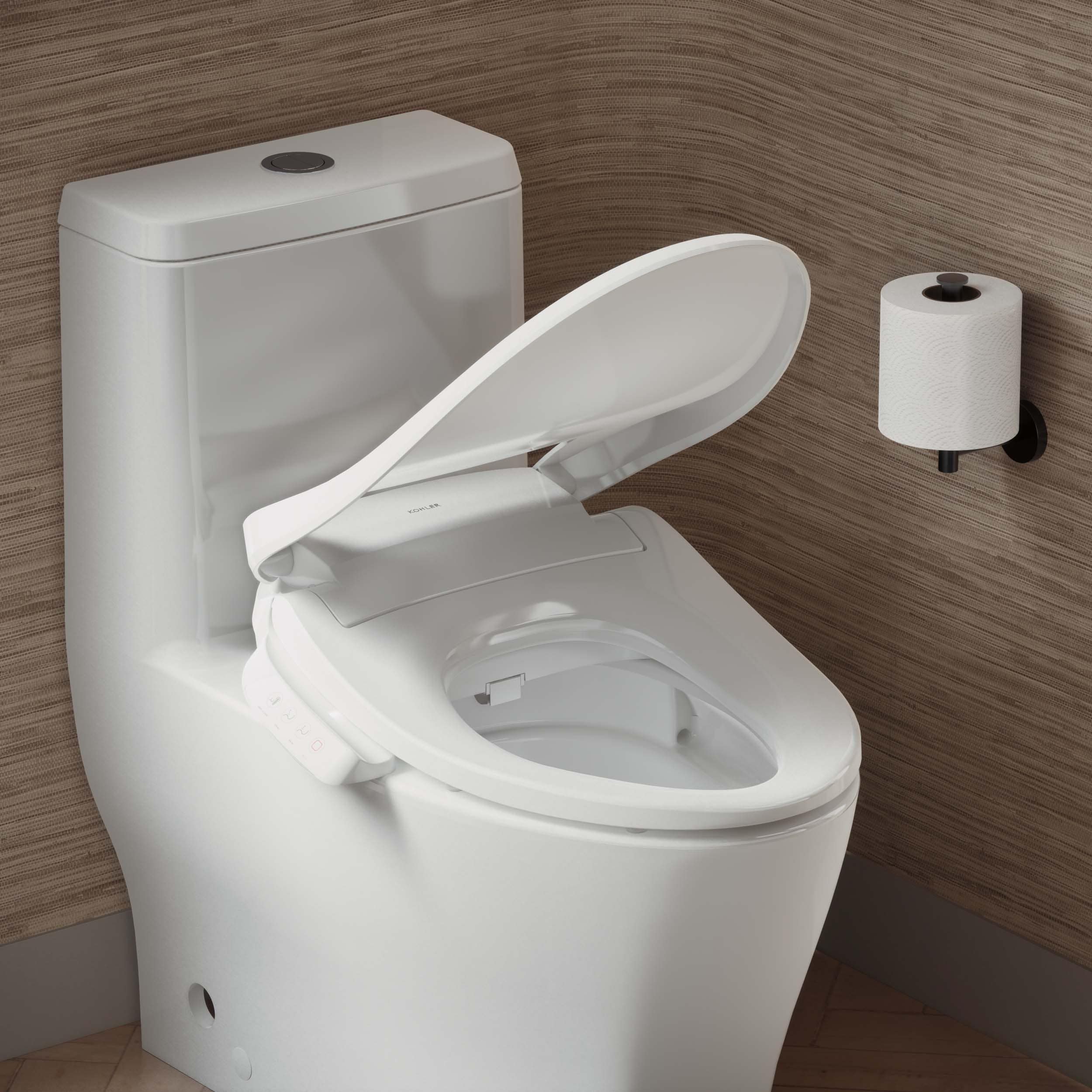 Asiento de bidé para inodoro alargado con cierre suave, calentado y de plástico blanco KOHLER PureWash E545