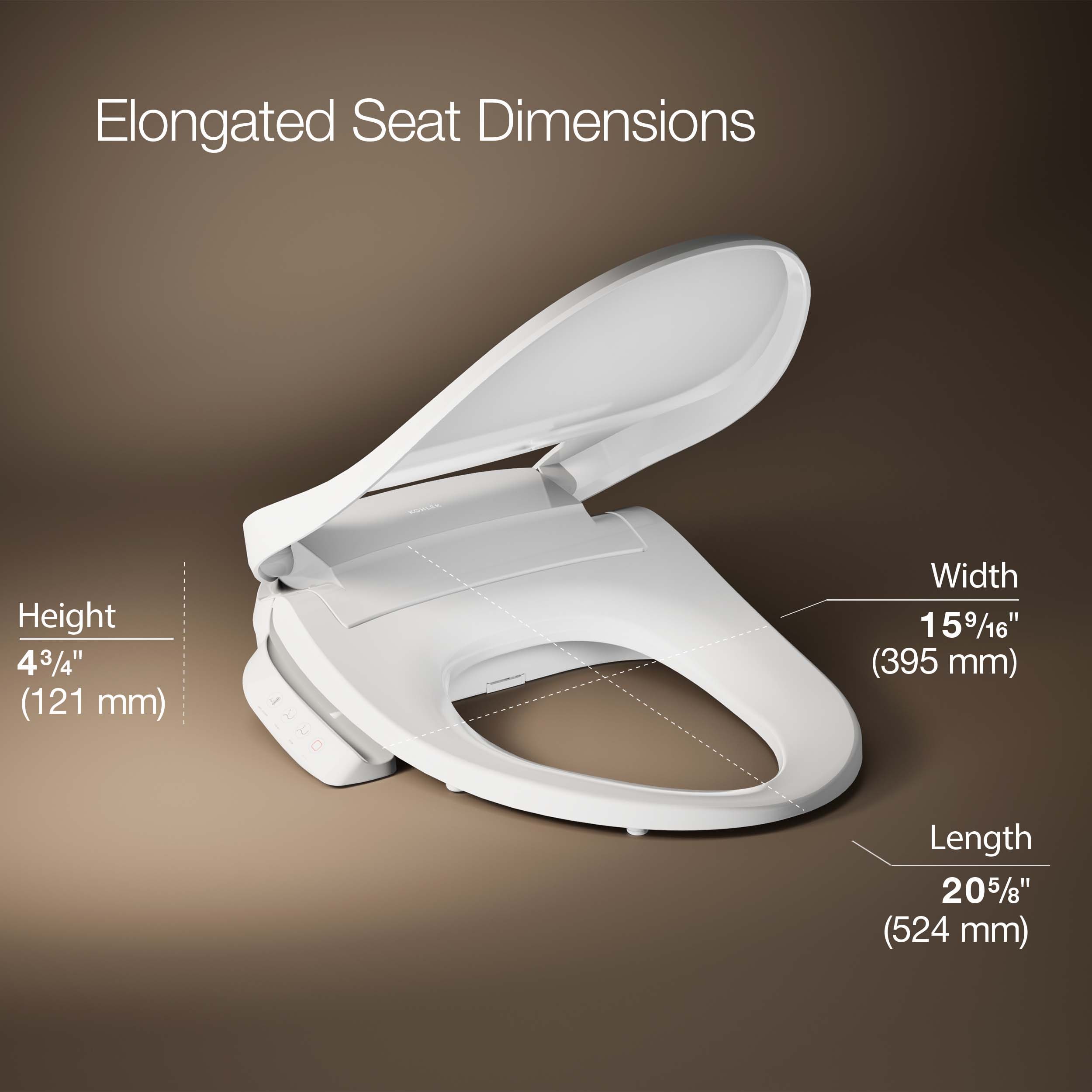 Asiento de bidé para inodoro alargado con cierre suave, calentado y de plástico blanco KOHLER PureWash E545
