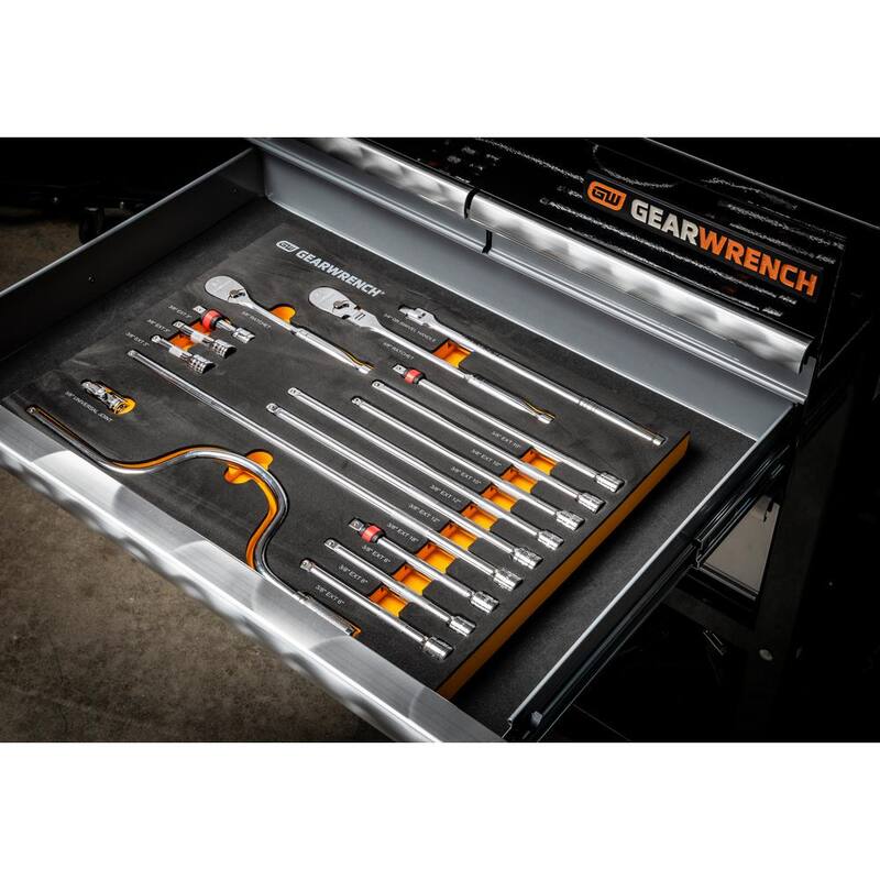 Juego de herramientas GEARWRENCH de trinquetes con unidad de 3/8 pulgadas y 90 dientes en bandeja de espuma EVA (17 piezas) - 89076