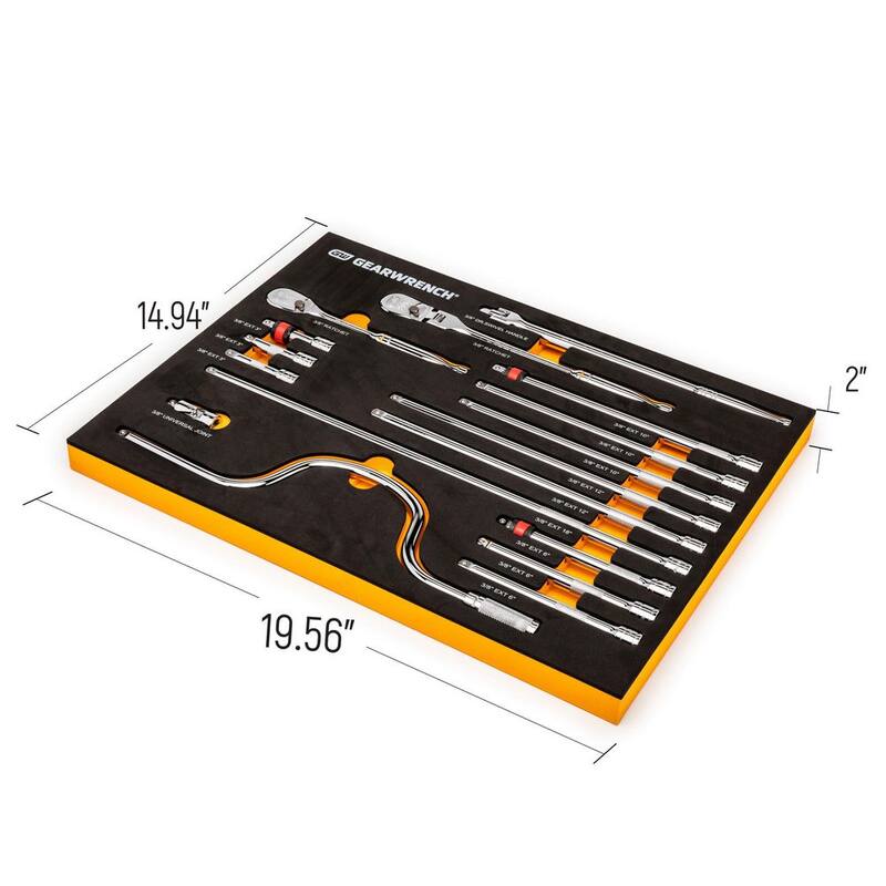 Juego de herramientas GEARWRENCH de trinquetes con unidad de 3/8 pulgadas y 90 dientes en bandeja de espuma EVA (17 piezas) - 89076