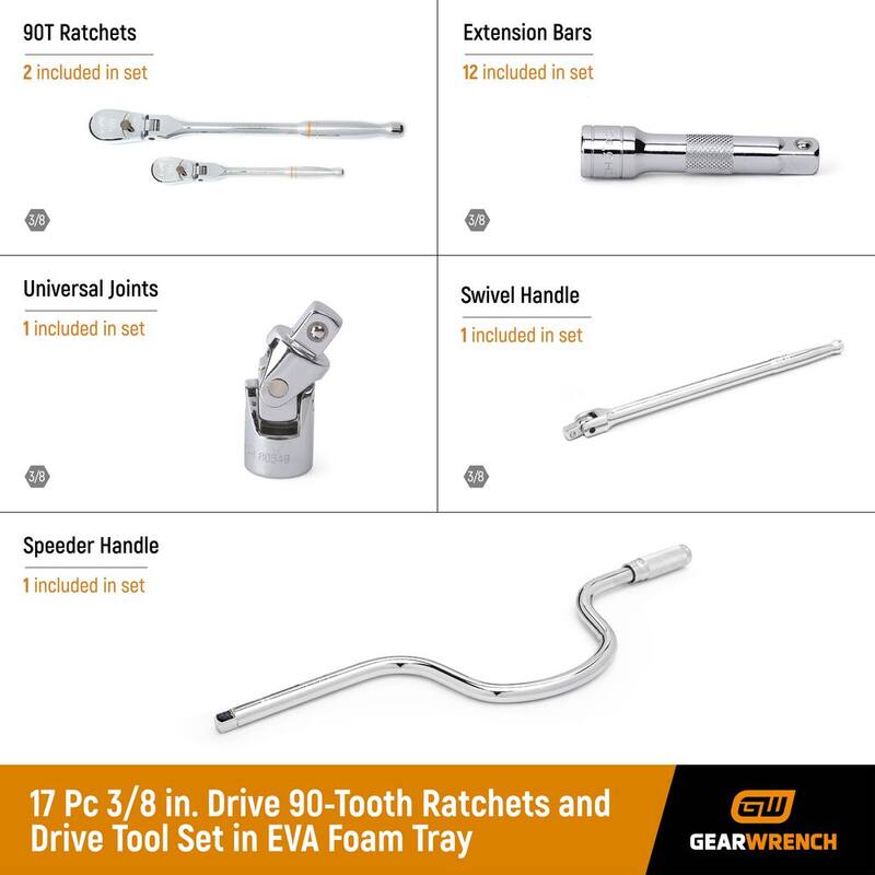 Juego de herramientas GEARWRENCH de trinquetes con unidad de 3/8 pulgadas y 90 dientes en bandeja de espuma EVA (17 piezas) - 89076