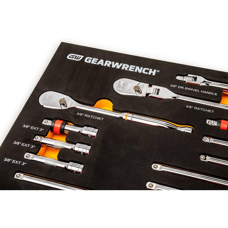 Juego de herramientas GEARWRENCH de trinquetes con unidad de 3/8 pulgadas y 90 dientes en bandeja de espuma EVA (17 piezas) - 89076