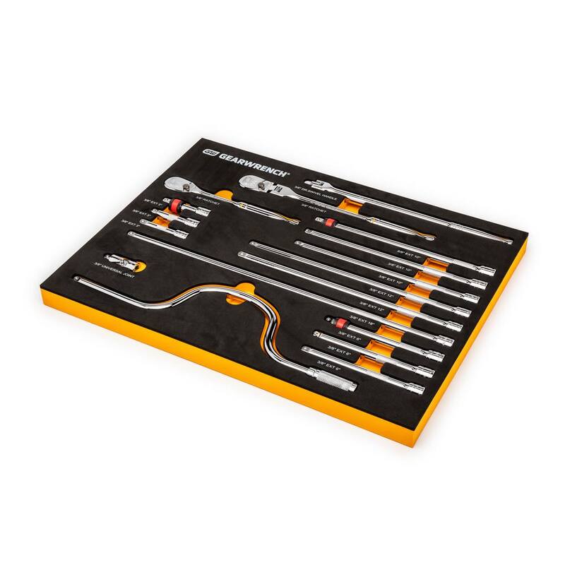Juego de herramientas GEARWRENCH de trinquetes con unidad de 3/8 pulgadas y 90 dientes en bandeja de espuma EVA (17 piezas) - 89076