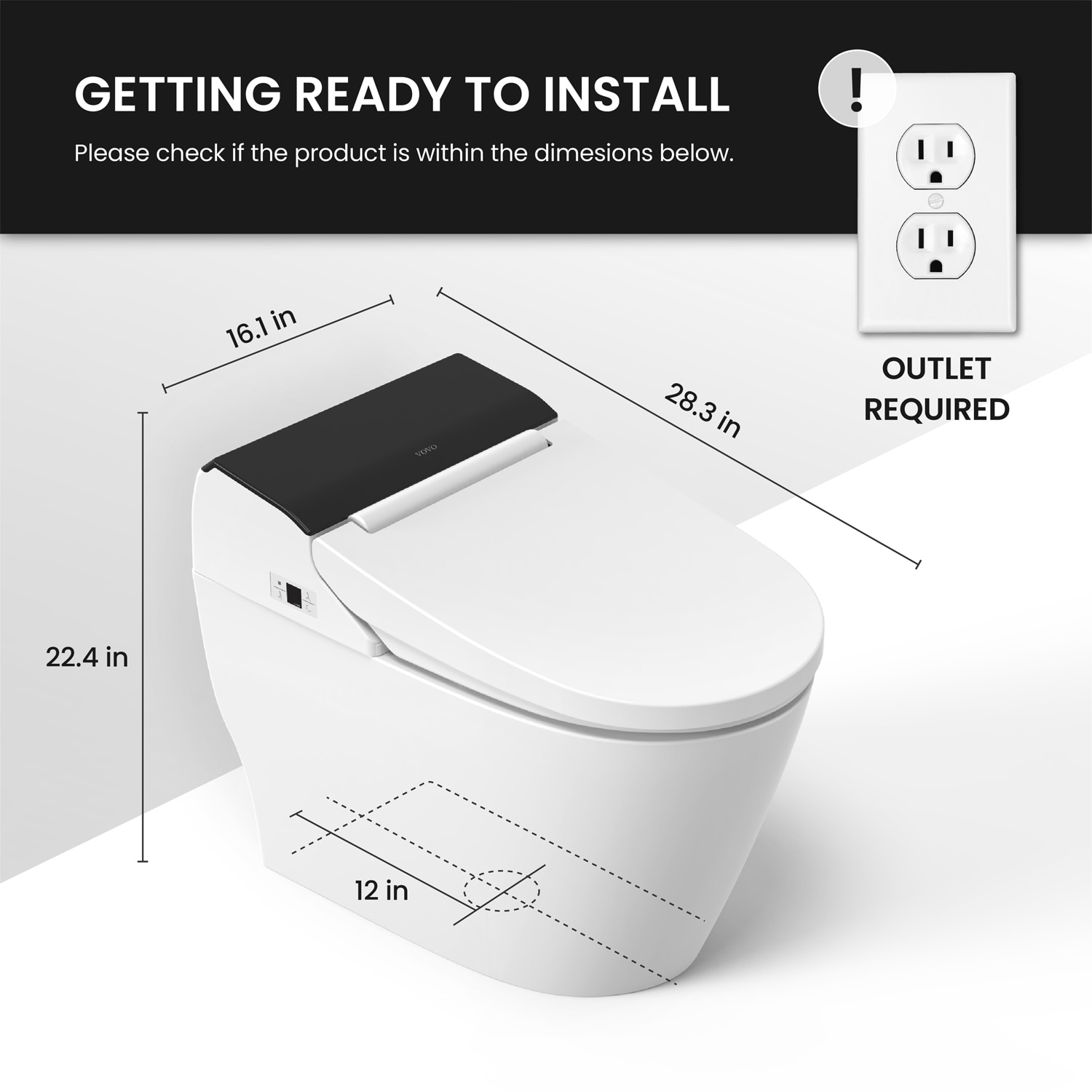 VOVO STYLEMENT Inodoro de una pieza con tecnología UV-A LED blanco/negro de doble descarga, alargado con altura estándar, cierre suave inteligente, con bidé integrado, de 12 pulgadas de montaje, etiquetado WaterSense de 1.6 GPF TCB-8100B.