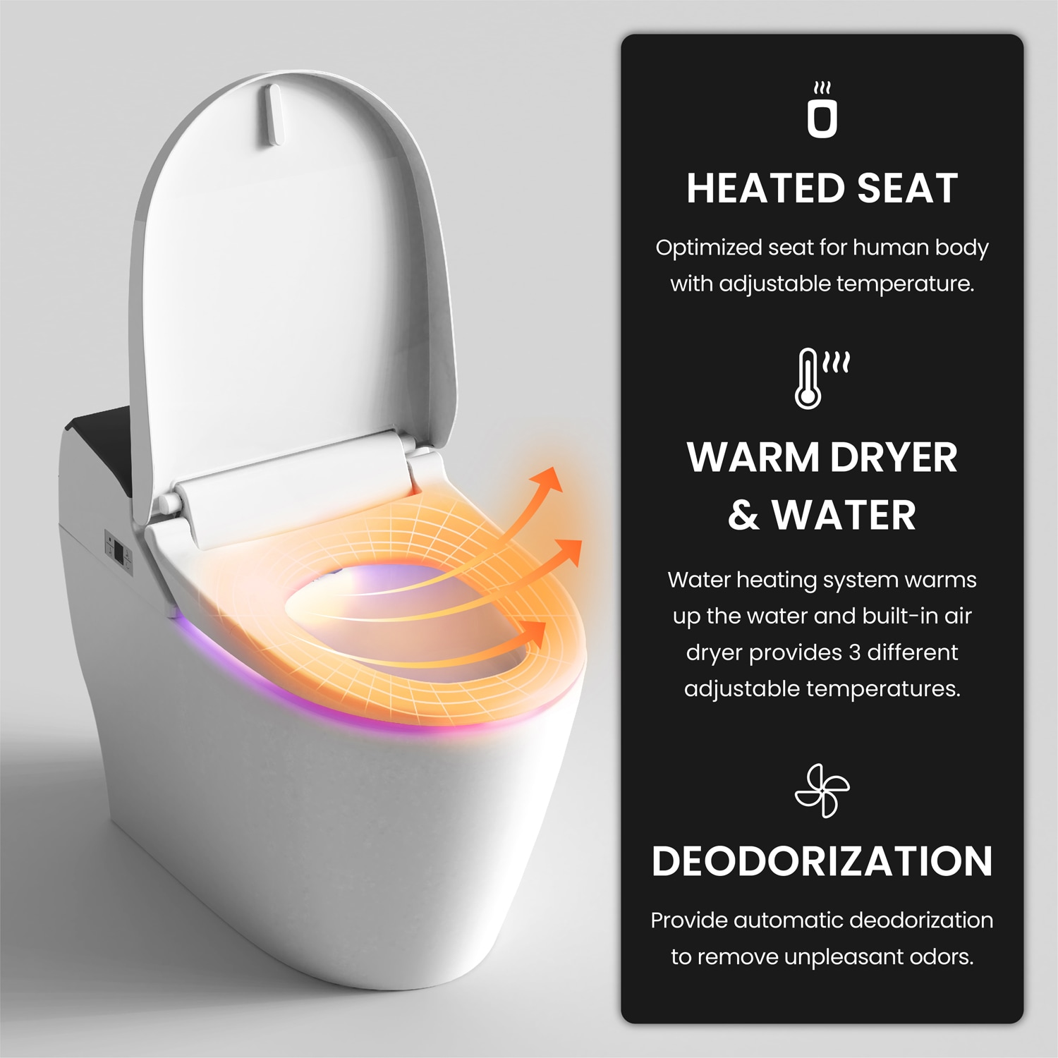 VOVO STYLEMENT Inodoro de una pieza con tecnología UV-A LED blanco/negro de doble descarga, alargado con altura estándar, cierre suave inteligente, con bidé integrado, de 12 pulgadas de montaje, etiquetado WaterSense de 1.6 GPF TCB-8100B.