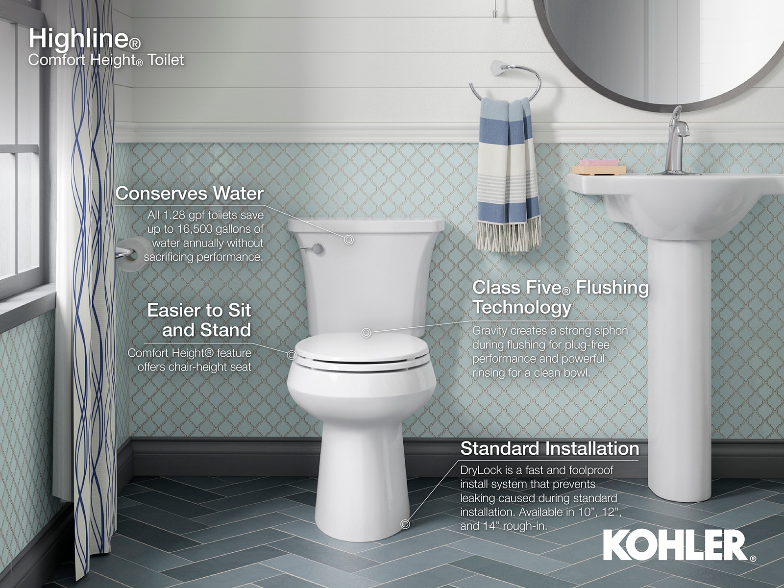 Taza de baño redonda con altura de silla en color beige de la línea Highline de KOHLER con 12 pulgadas de desplazamiento bruto - K-5393-96