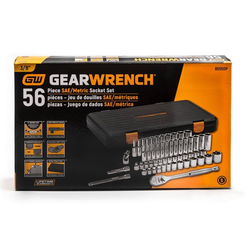 Juego de herramientas mecánicas GEARWRENCH 120XP de 3/8 pulgadas, con trinquete y dados estándar y profundos de 6 puntos SAE/métricos (56 piezas) - 80550P