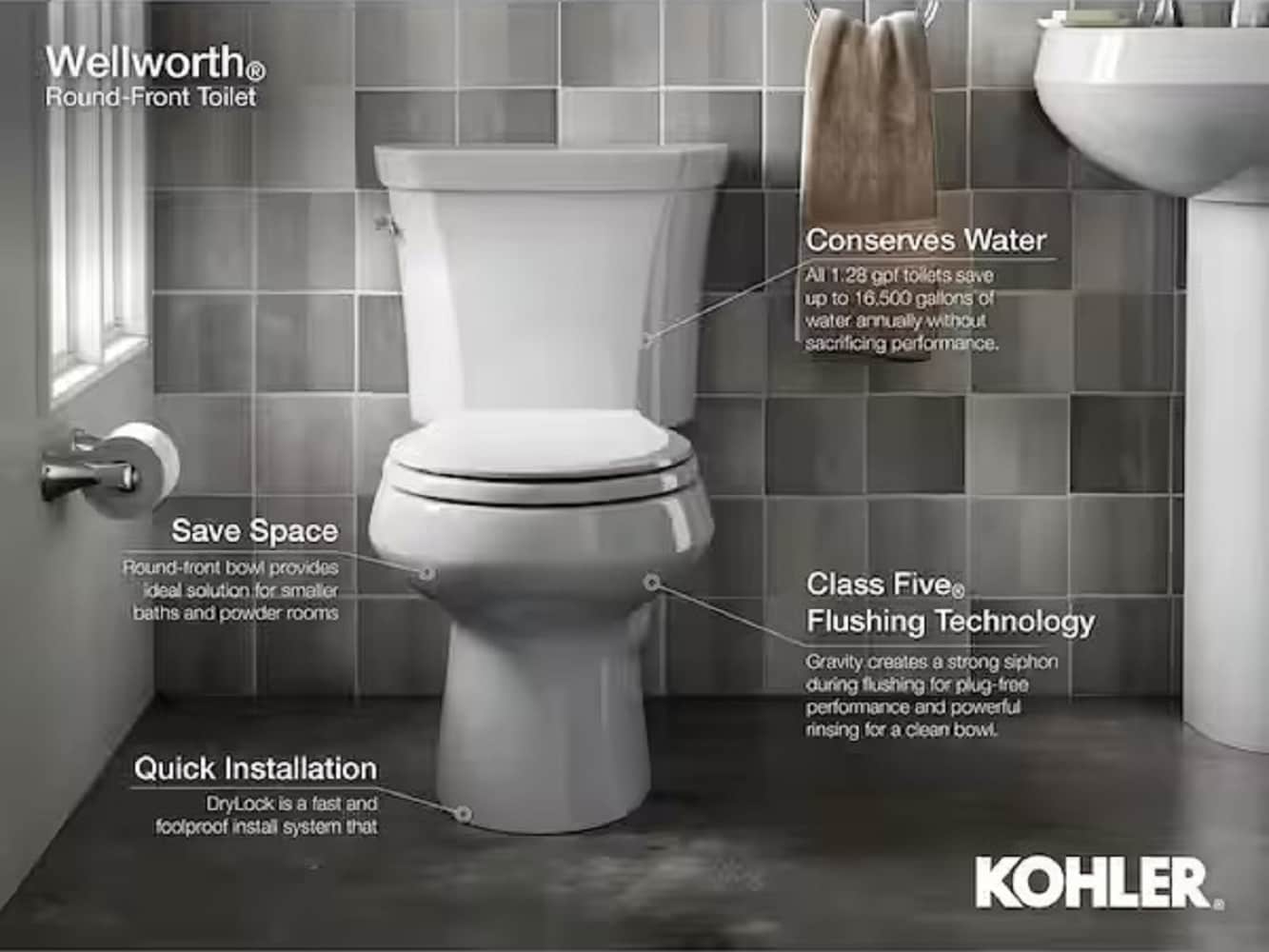 Taza de baño redonda en negro negro KOHLER Wellworth altura estándar 12 pulgadas de despeje 4197-7