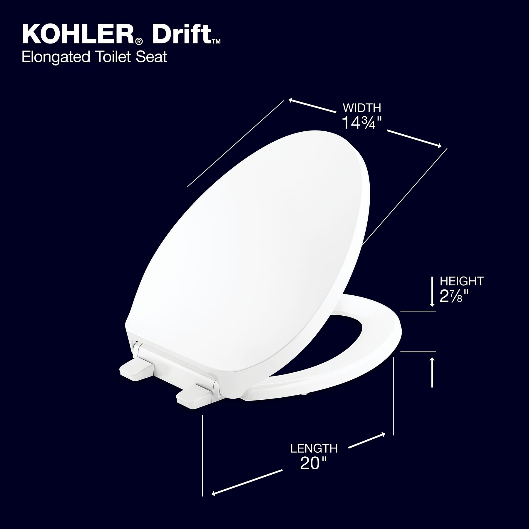 Asiento de inodoro alargado blanco con cierre suave Drift Tab de plástico KOHLER 29030-A-0