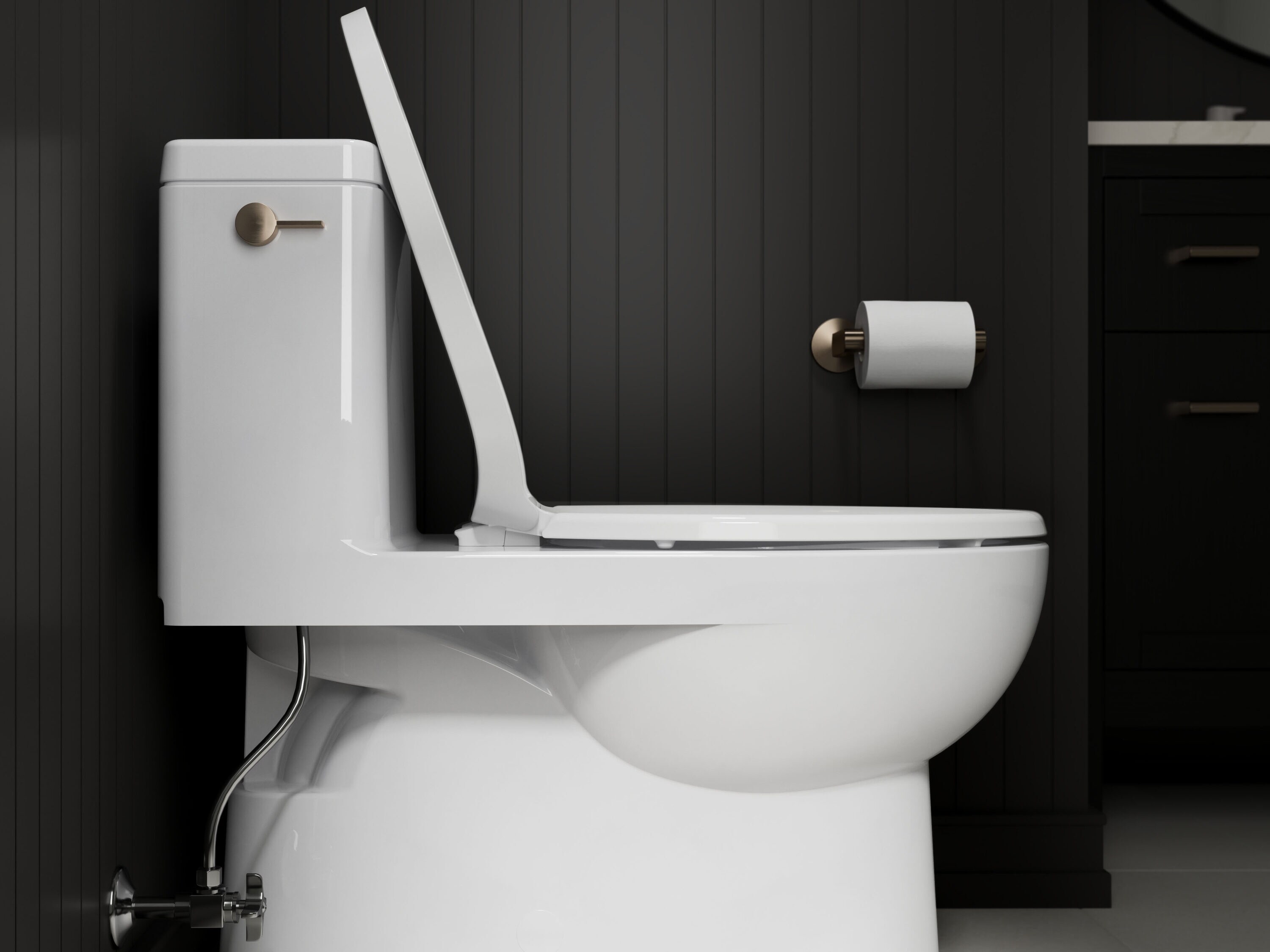 Asiento de inodoro alargado blanco con cierre suave Drift Tab de plástico KOHLER 29030-A-0