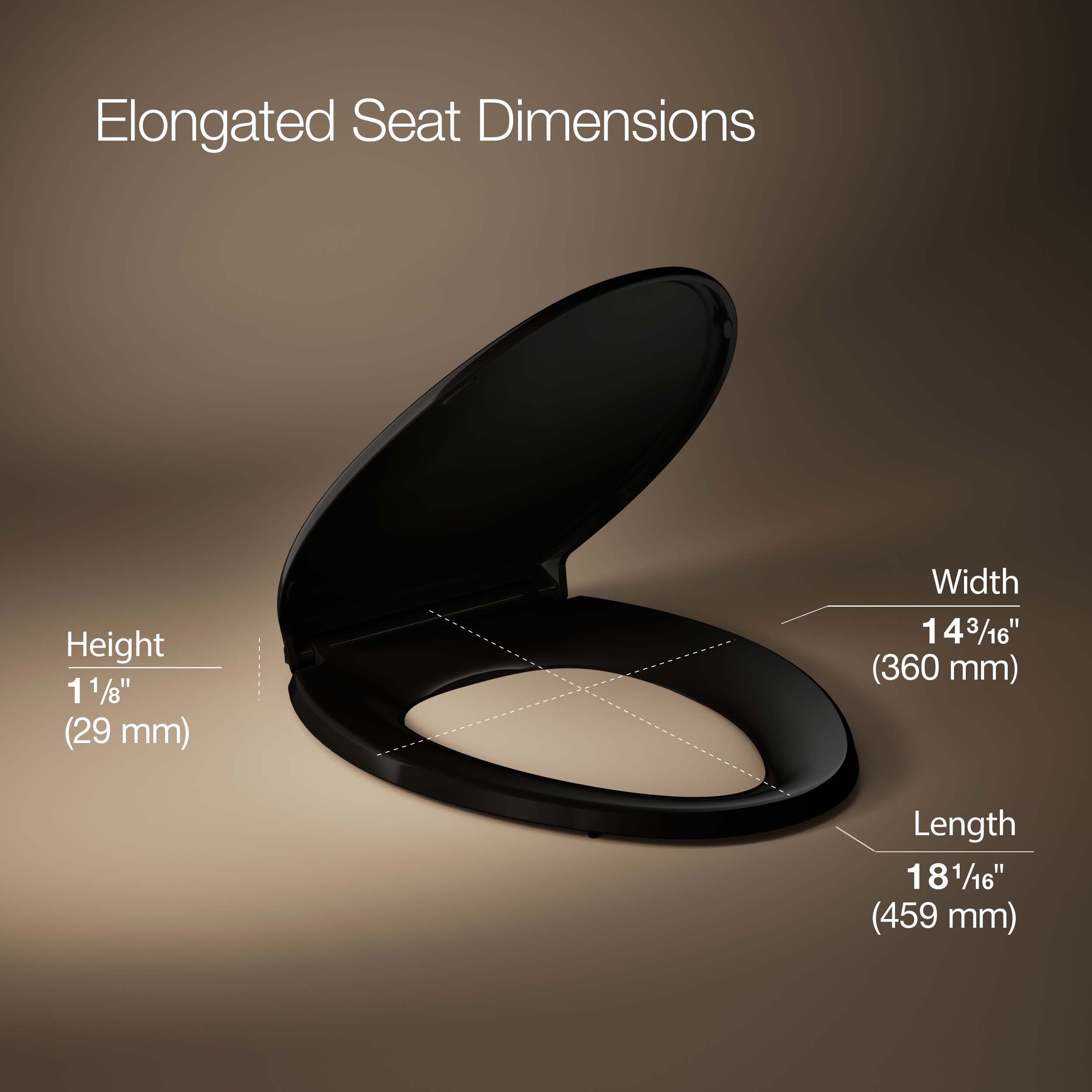 Asiento de inodoro alargado de plástico color negro con cierre suave.