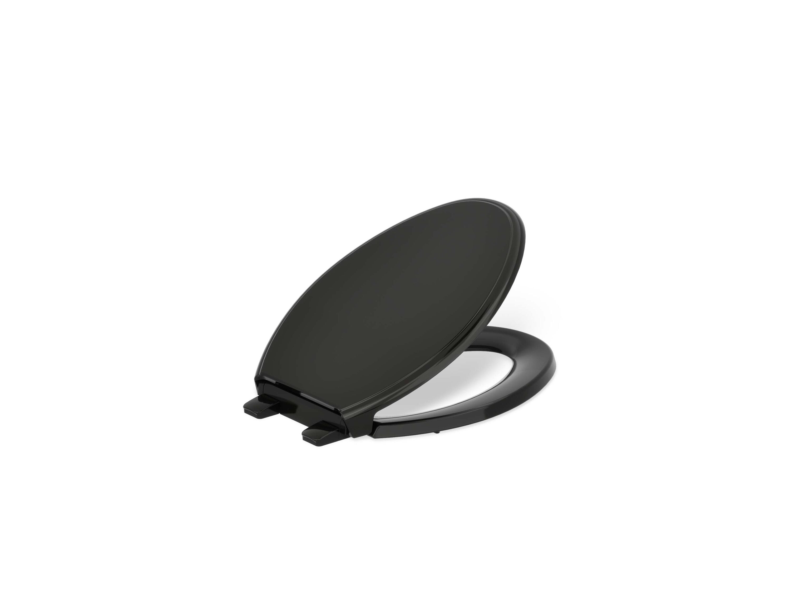 Asiento de inodoro alargado de plástico color negro con cierre suave.