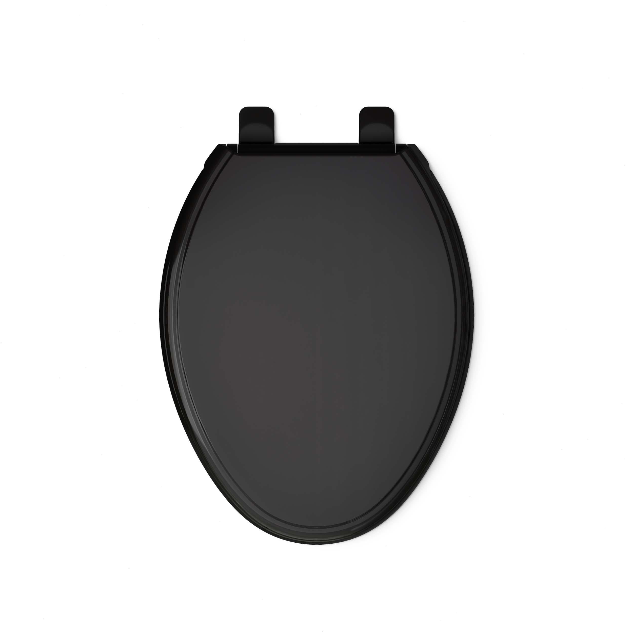 Asiento de inodoro alargado de plástico color negro con cierre suave.