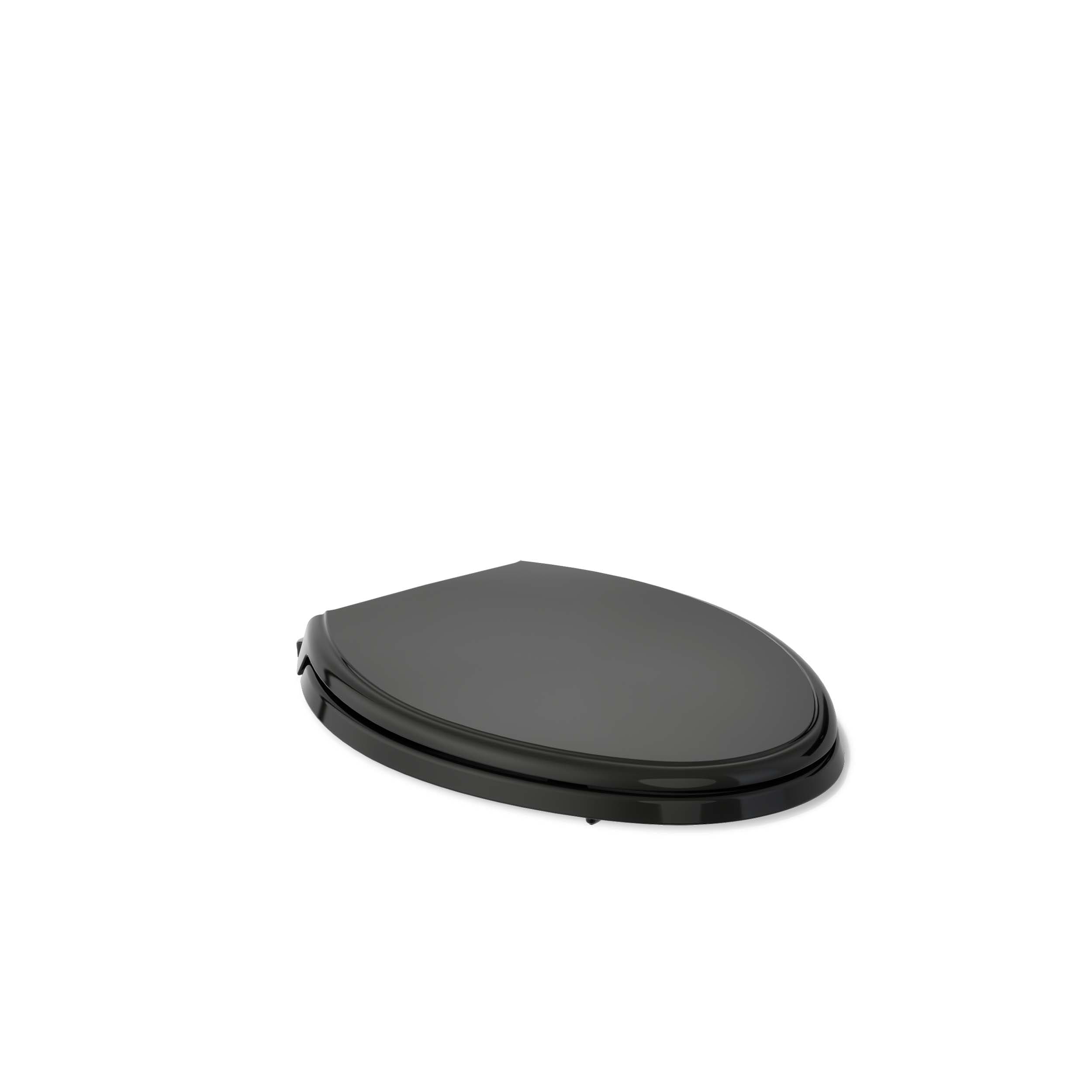 Asiento de inodoro alargado de plástico color negro con cierre suave.