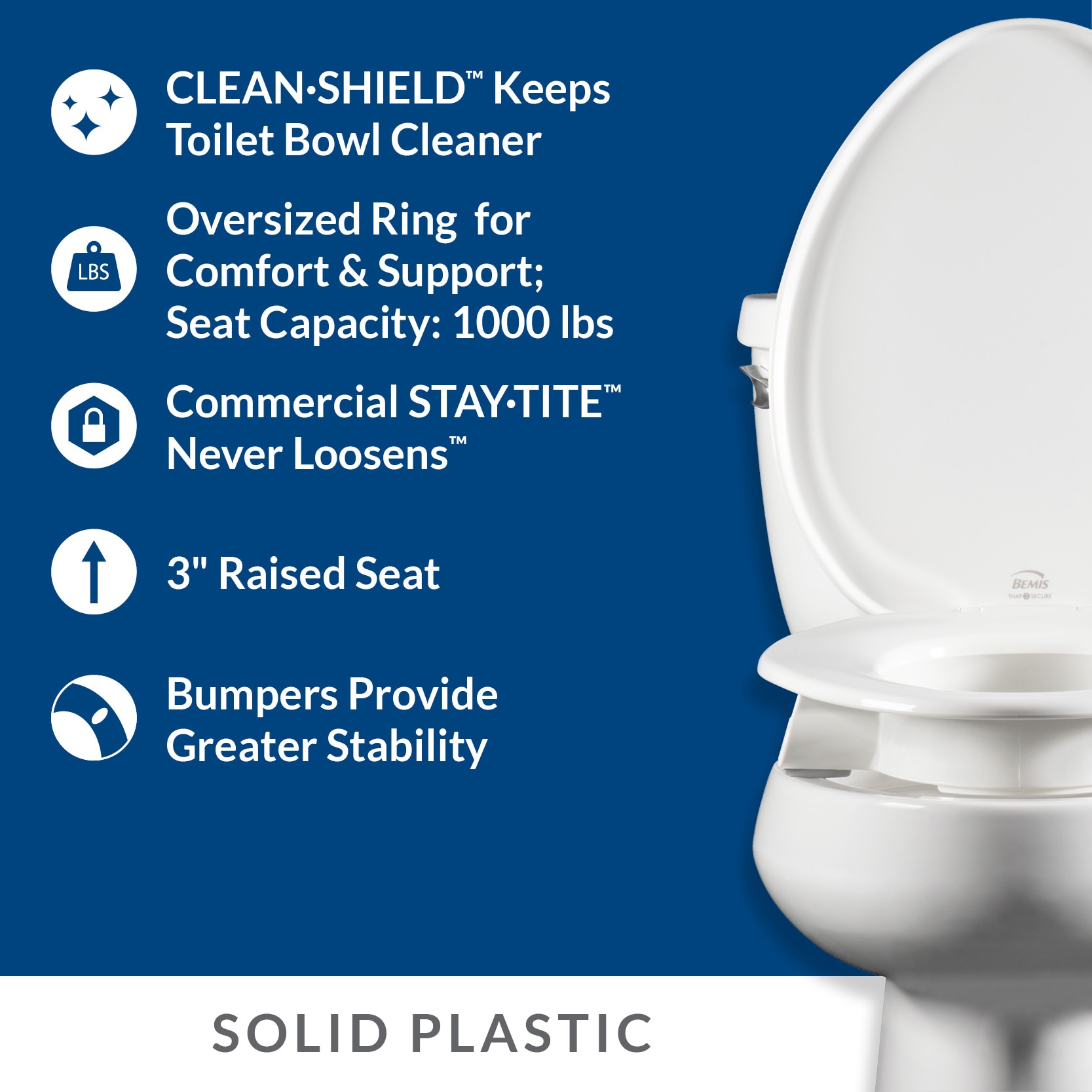 Asiento de baño alargado de plástico blanco elevado de 3 pulgadas con garantía de Bemis E85320TSS 000