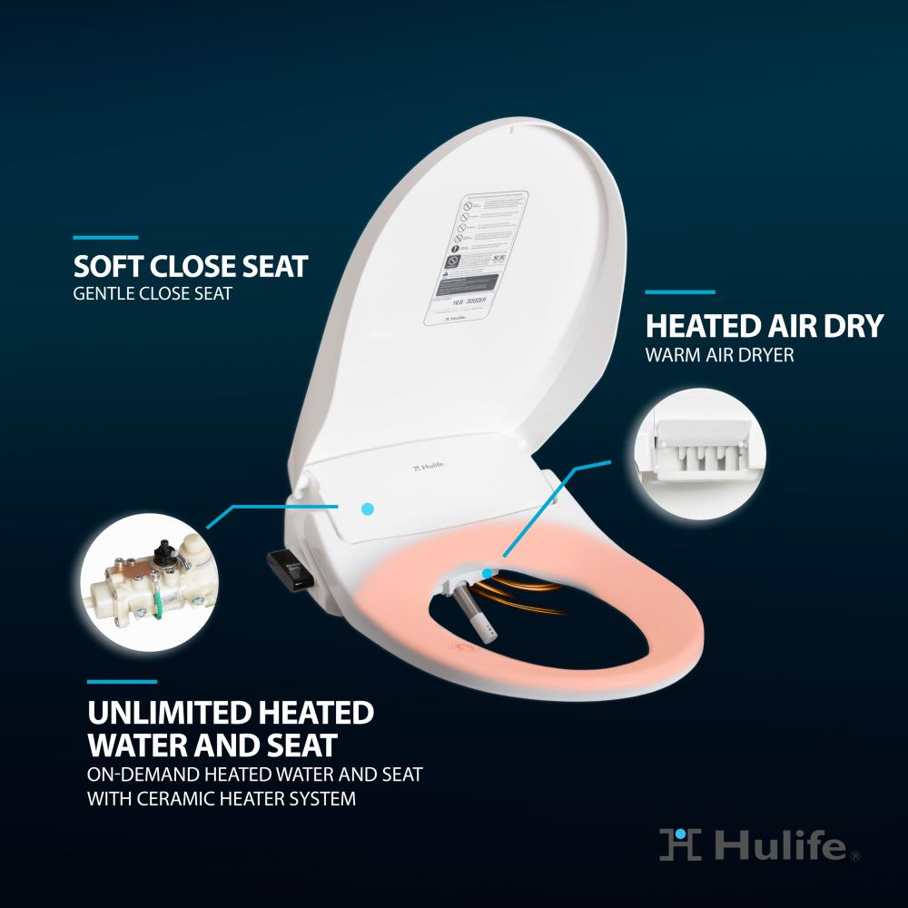 Asiento de Inodoro Bidet Plástico Blanco Alargado con Cierre Suave y Calentador