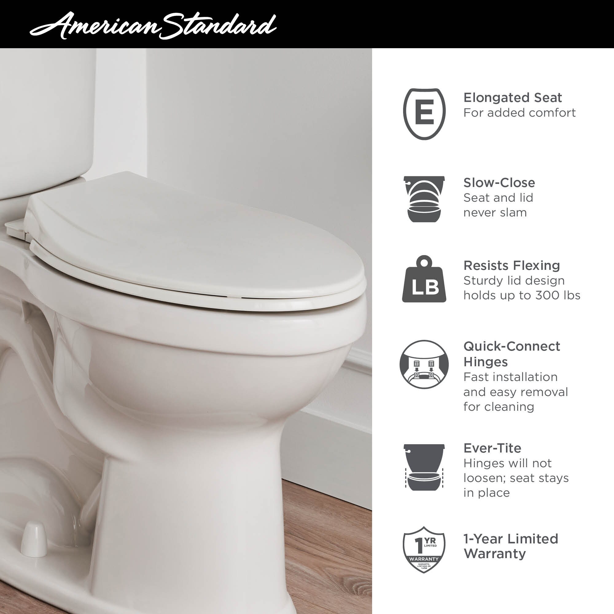 Asiento de inodoro alargado de plástico resistente MightyTuff de American Standard con cierre suave 5267A60CL.021