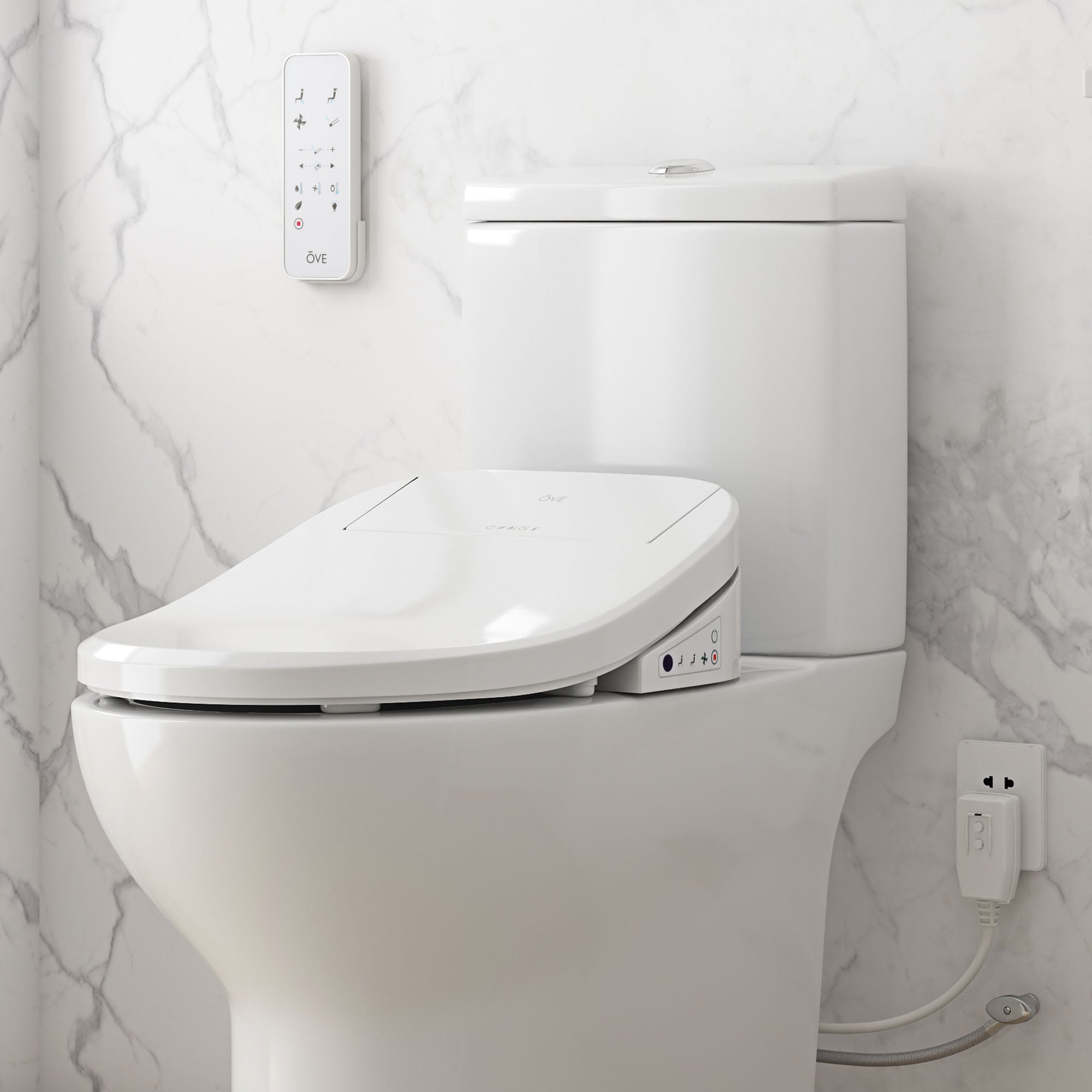 Asiento de Inodoro Calentado alargado de plástico blanco suave inteligente con cierre suave OVE Decors Calero-STS