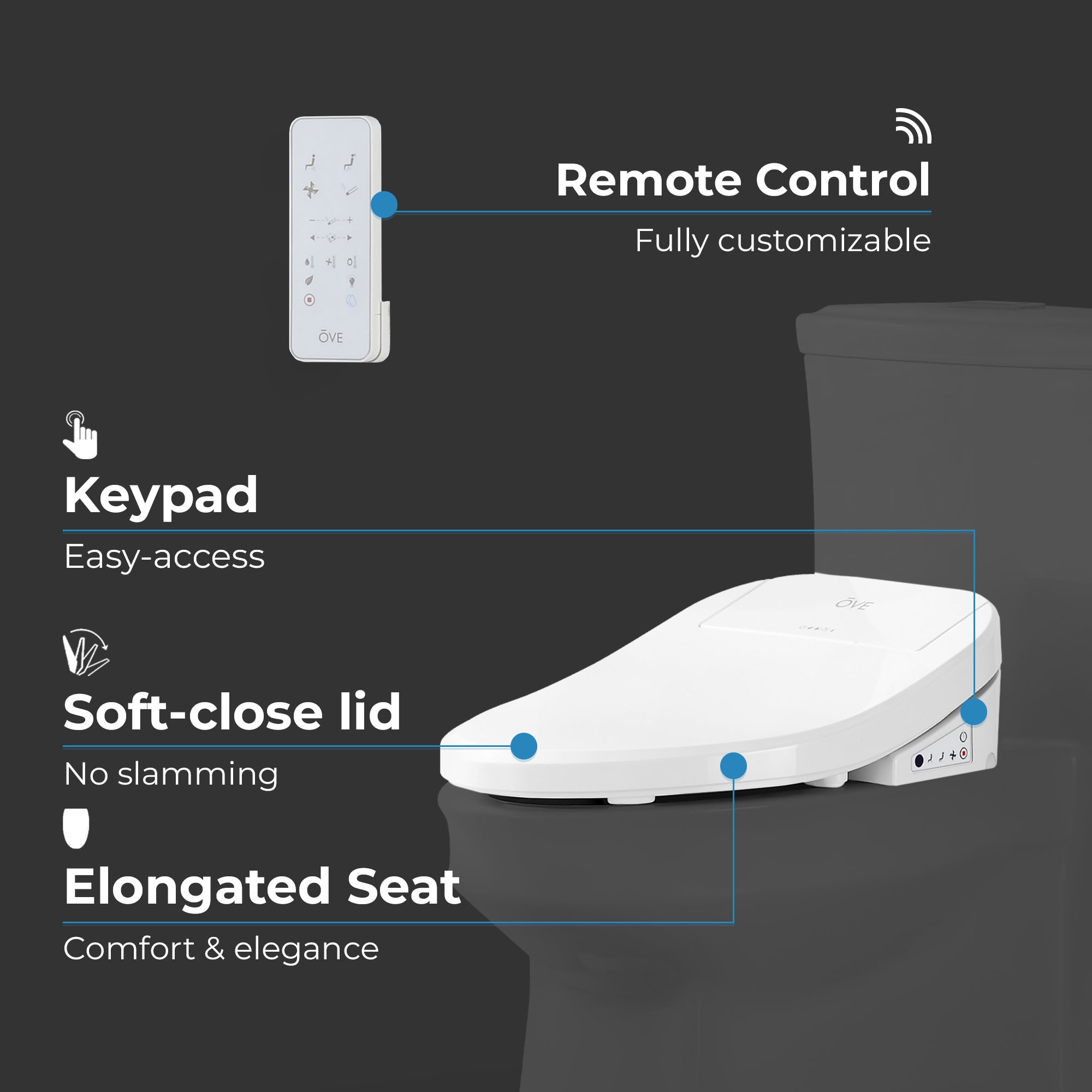 Asiento de Inodoro Calentado alargado de plástico blanco suave inteligente con cierre suave OVE Decors Calero-STS