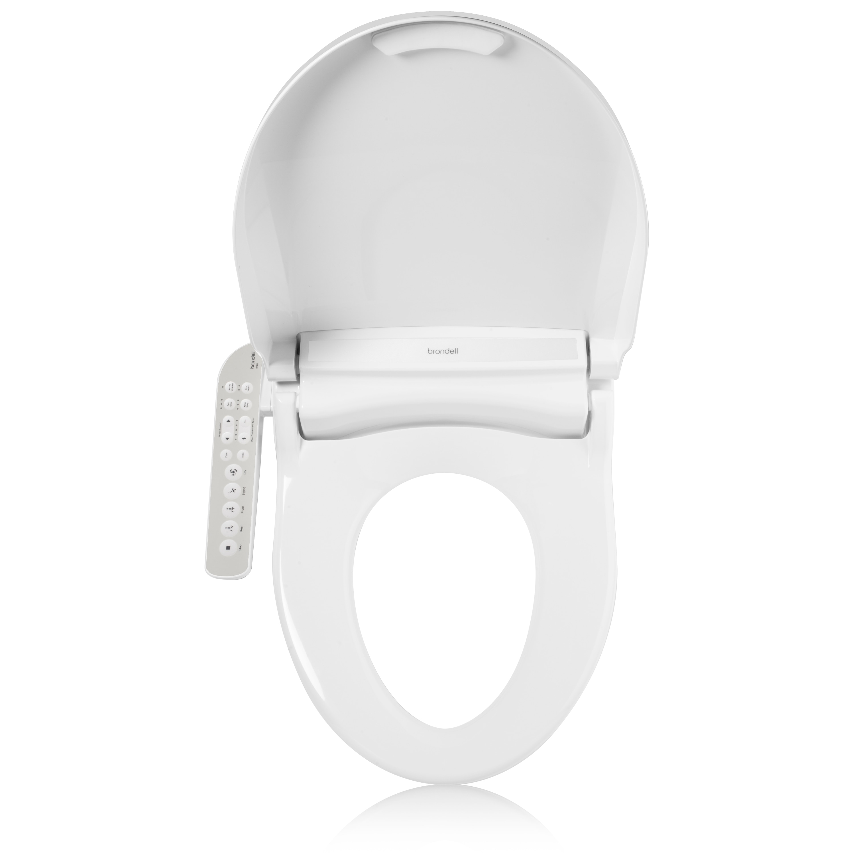 Asiento de inodoro alargado de plástico blanco con cierre suave y función de bidet con calefacción.
