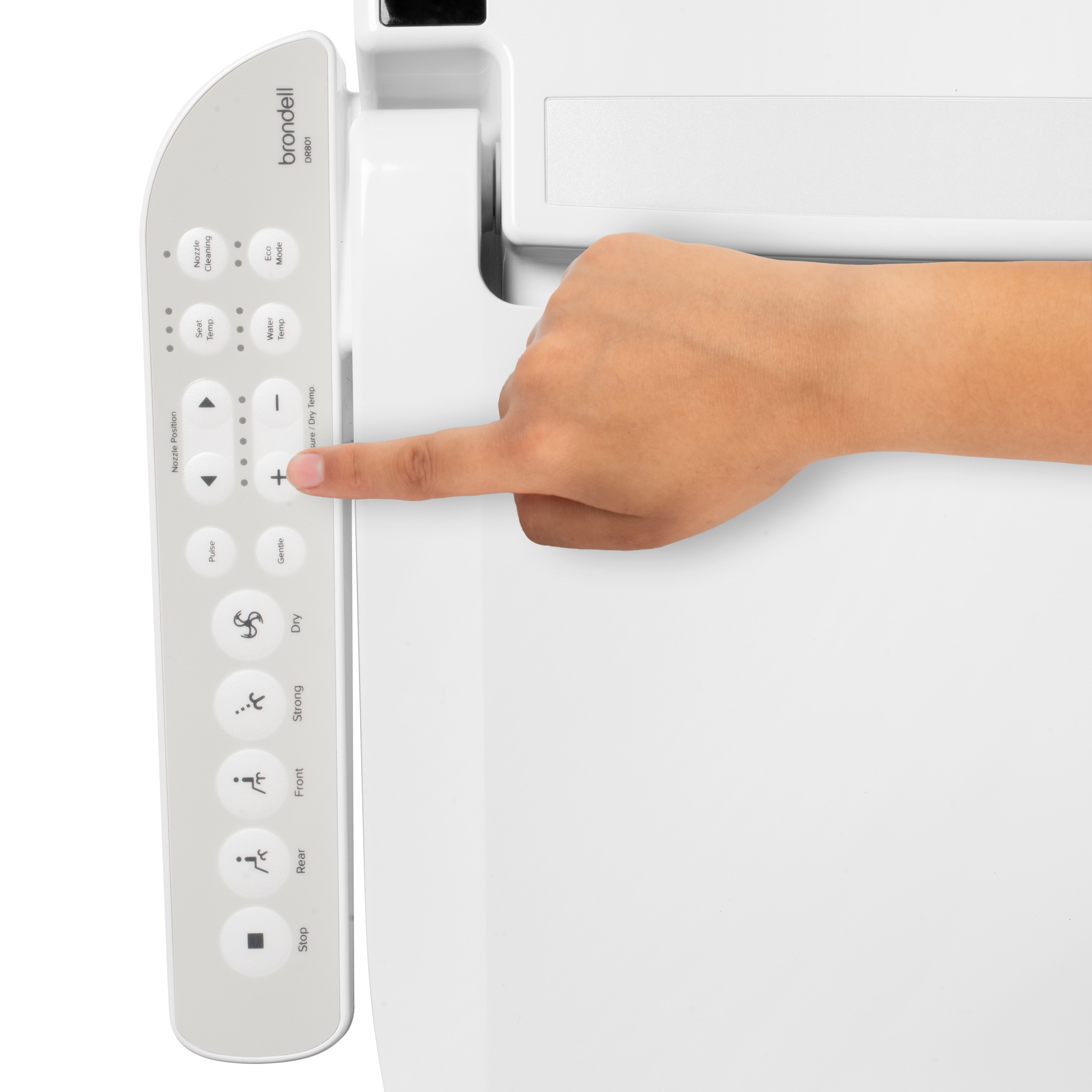 Asiento de inodoro alargado de plástico blanco con cierre suave y función de bidet con calefacción.