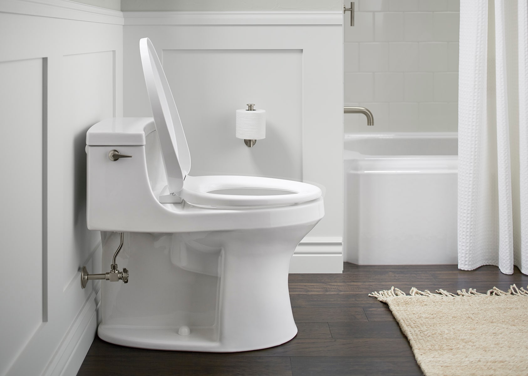 Asiento de inodoro alargado con cierre suave y calefacción inteligente compatible Purewarmth de KOHLER en plástico blanco