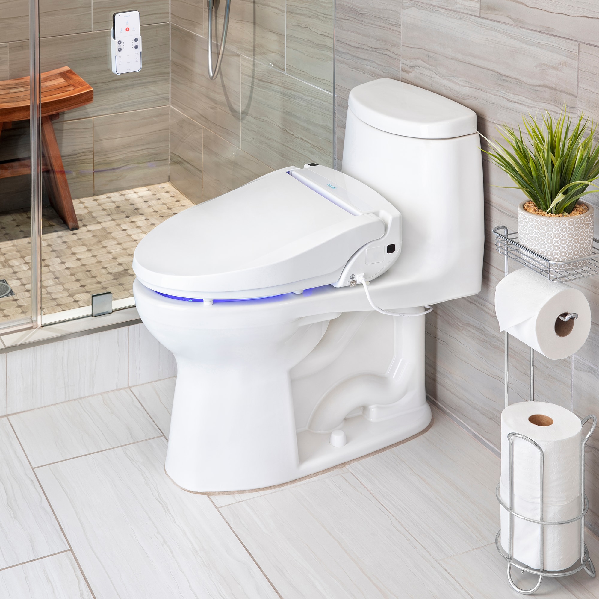 Asiento de baño con bidé eléctrico, alargado, blanco y con cierre suave y calefacción