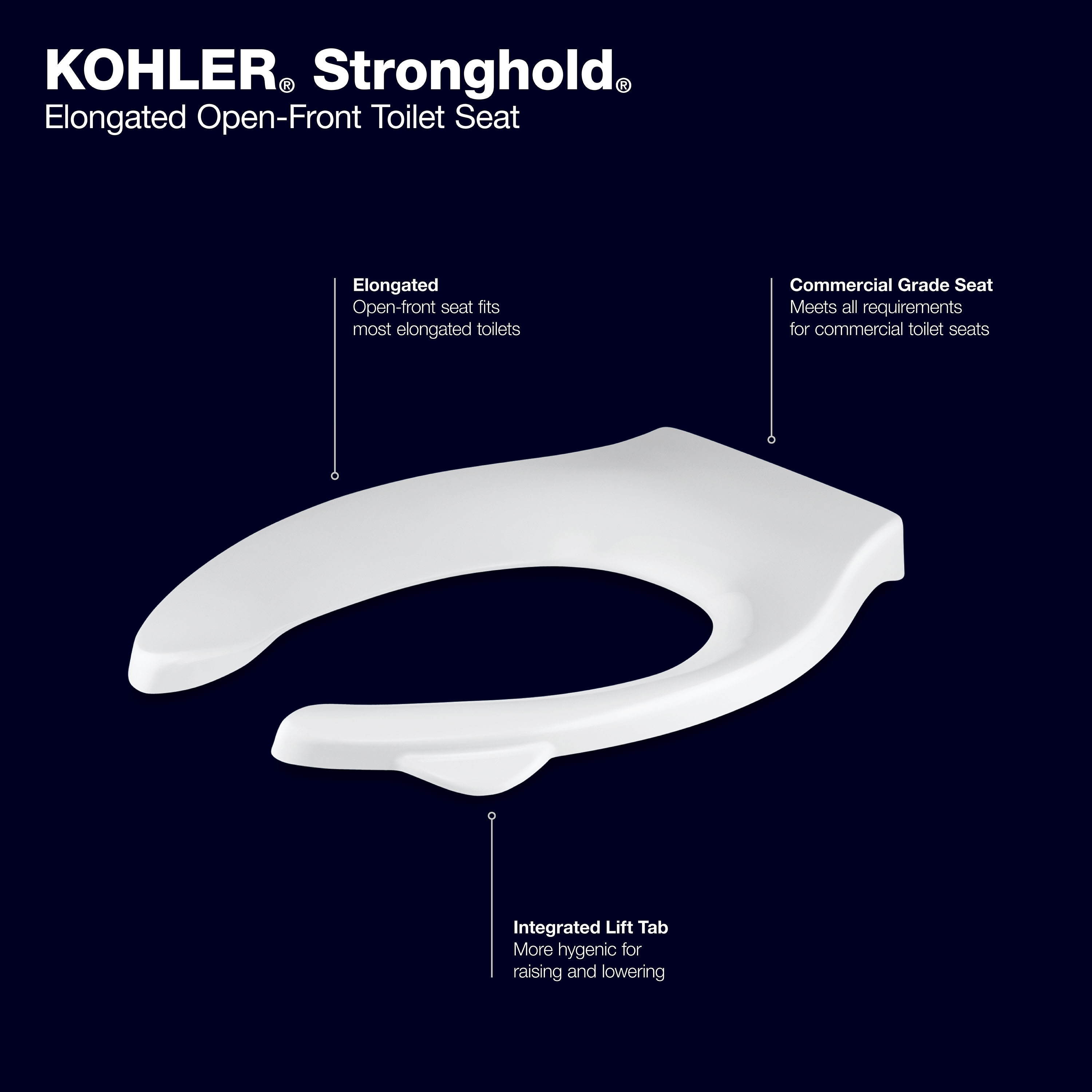 Asiento de inodoro alargado silencioso y de cierre suave Stronghold de KOHLER en plástico blanco
