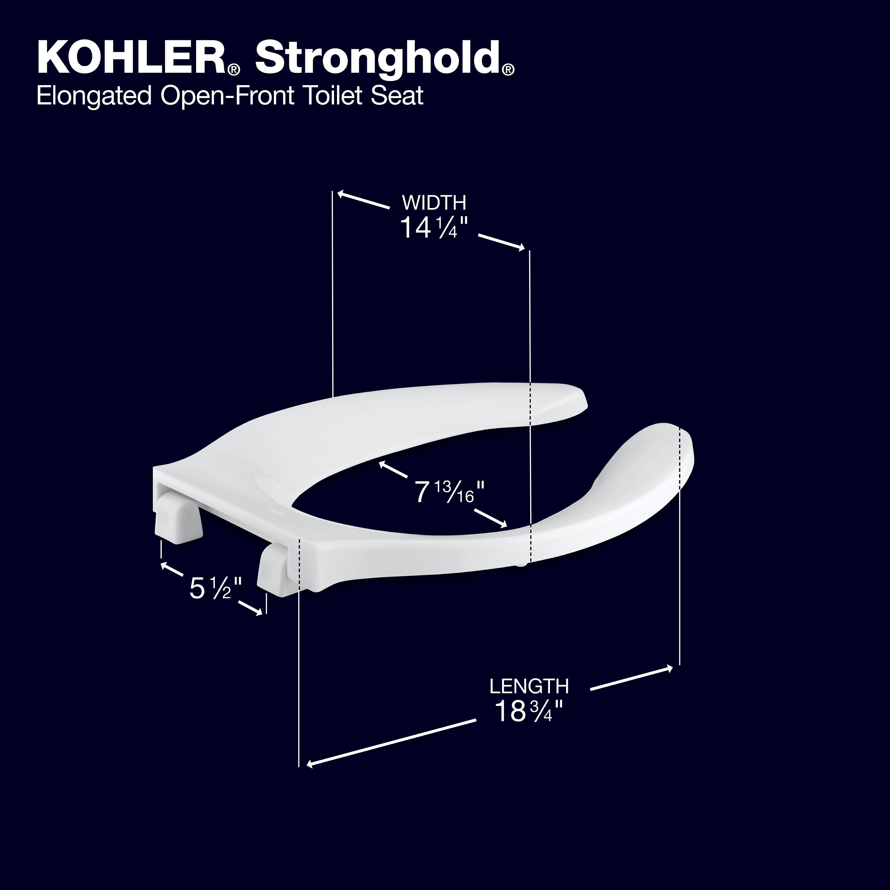 Asiento de inodoro alargado silencioso y de cierre suave Stronghold de KOHLER en plástico blanco