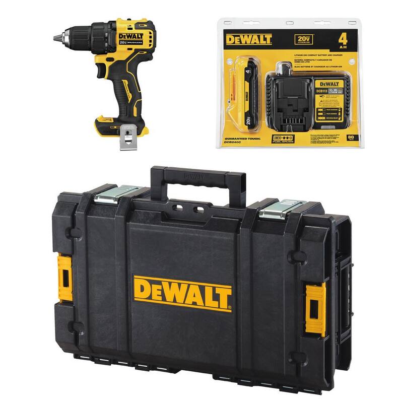 DEWALT ATOMIC 20V MAX Taladro/destornillador inalámbrico sin escobillas de 1/2 pulgadas Kit, (1) Batería de 4.0Ah, Cargador y Caja de herramientas Tough System de 22 pulgadas - HDCOMKITQ220