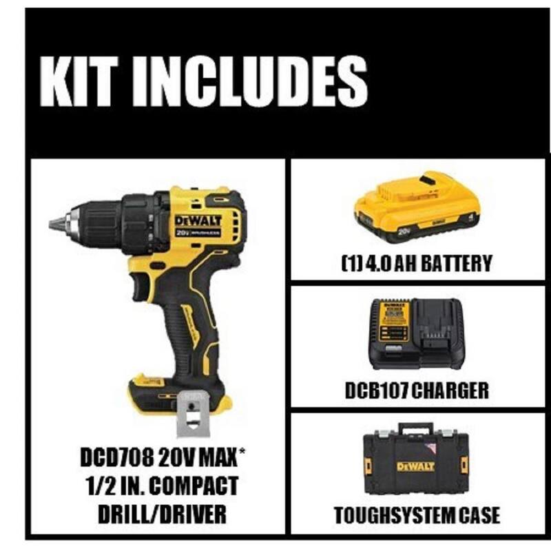 DEWALT ATOMIC 20V MAX Taladro/destornillador inalámbrico sin escobillas de 1/2 pulgadas Kit, (1) Batería de 4.0Ah, Cargador y Caja de herramientas Tough System de 22 pulgadas - HDCOMKITQ220