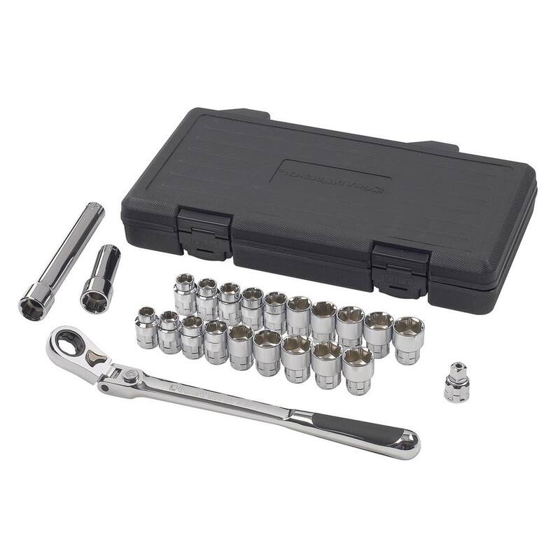 Llave de trinquete y juego de herramientas mecánicas GEARWRENCH Pass-Thru 3/8 in. Drive 6-point SAE/Metric Locking Flex-Head Ratchet and Socket (23 piezas) - 893823.