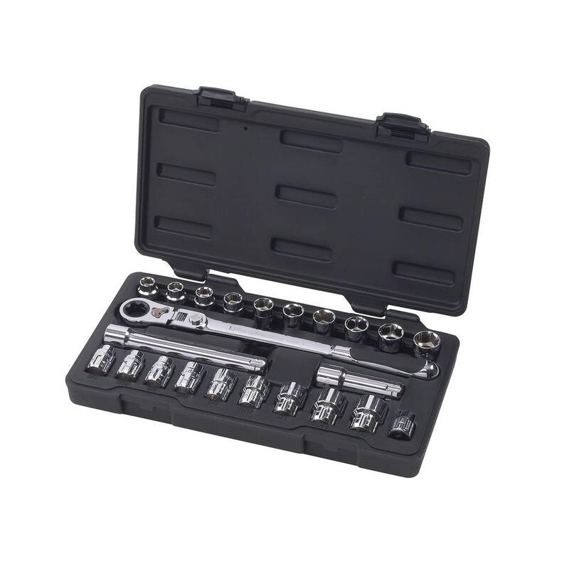 Llave de trinquete y juego de herramientas mecánicas GEARWRENCH Pass-Thru 3/8 in. Drive 6-point SAE/Metric Locking Flex-Head Ratchet and Socket (23 piezas) - 893823.