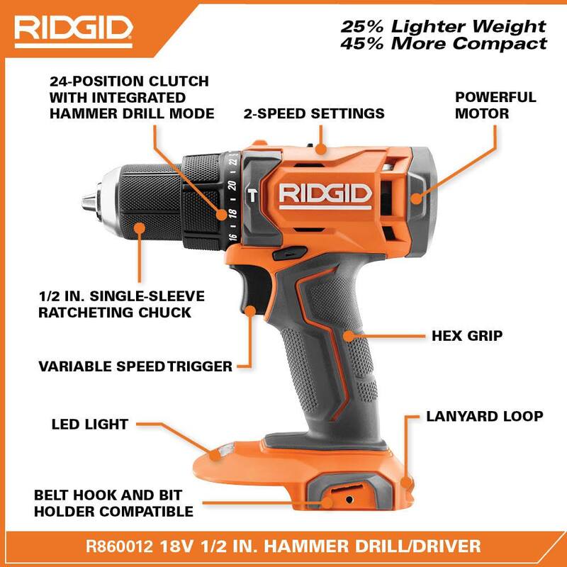 KIT DE TALADRO DE MARTILLO INALÁMBRICO RIDGID de 18 voltios con batería de 2.0 Ah, cargador y bolsa - R860012K