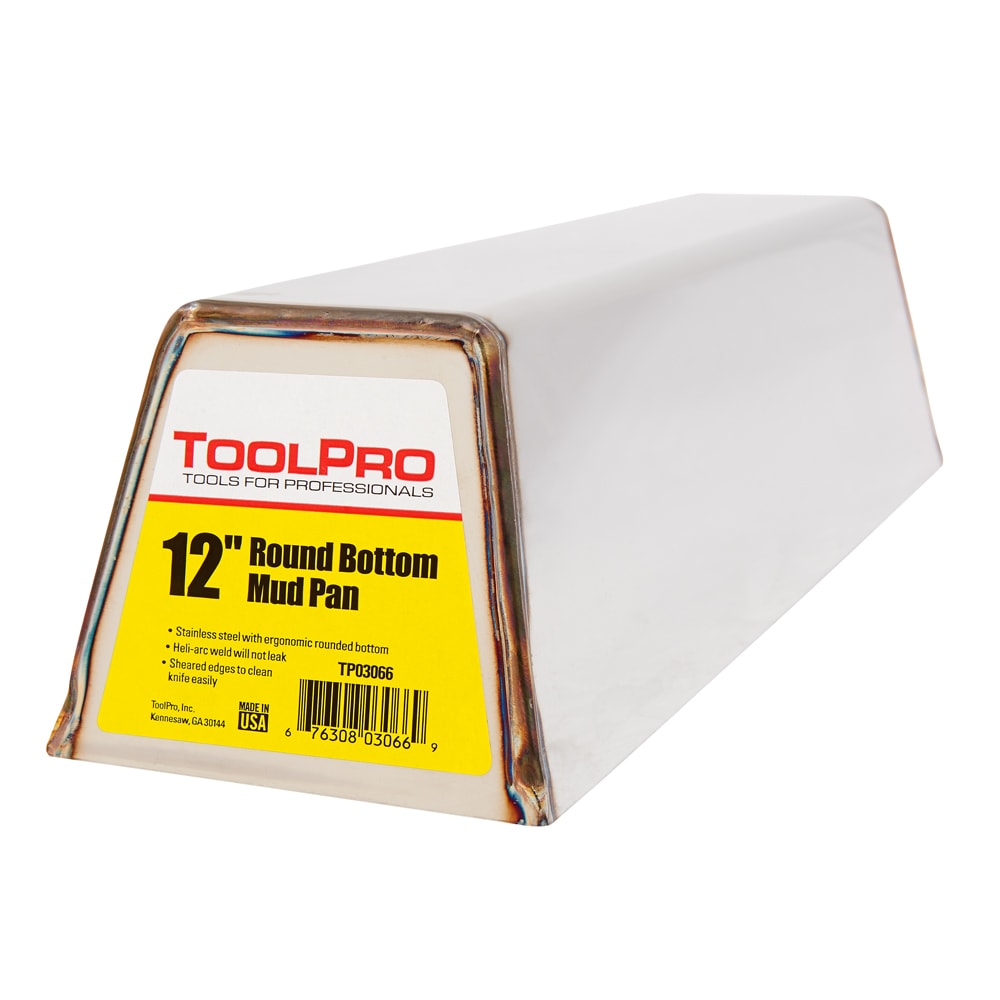 Charola para lodo de yeso de acero inoxidable de 12 in. de ToolPro con fondo redondo de 12 pulgadas de largo x 4 pulgadas de ancho x 5 pulgadas de profundidad TP03066.