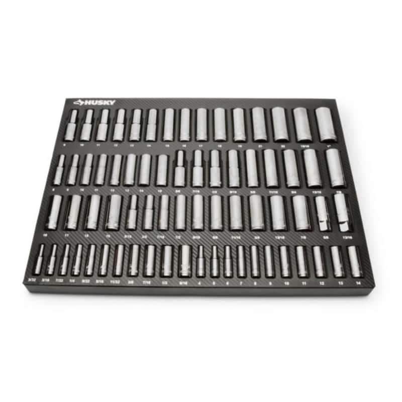 Juego de herramientas mecánicas Husky de 1/4, 3/8 y 1/2 pulgadas de trinquete y llave de vaso con bandejas de almacenamiento de EVA (230 piezas) - H230SRWSEVACB