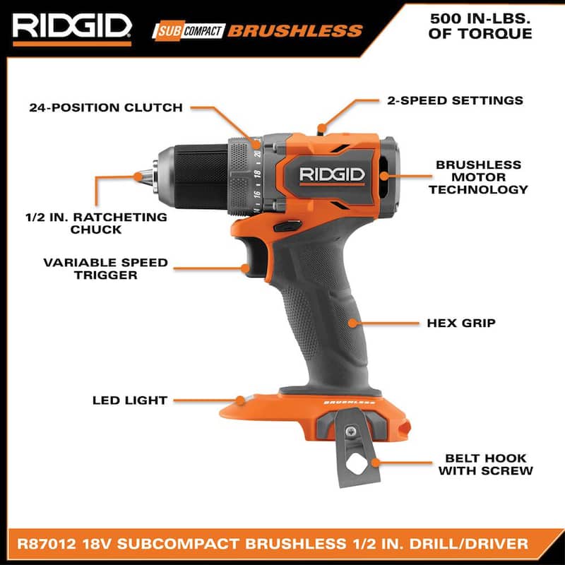 RIDGID Taladro/destornillador inalámbrico sin escobillas SubCompact de 1/2 pulg. de 18V (sólo herramienta) - R87012B