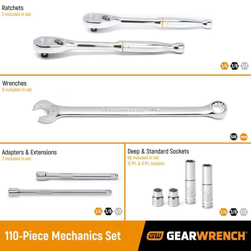 Juego de herramientas mecánicas estándar y profundo SAE/Métrico de GEARWRENCH de 1/4, 3/8 y 1/2 pulgadas de unidad (110 piezas) - 89058