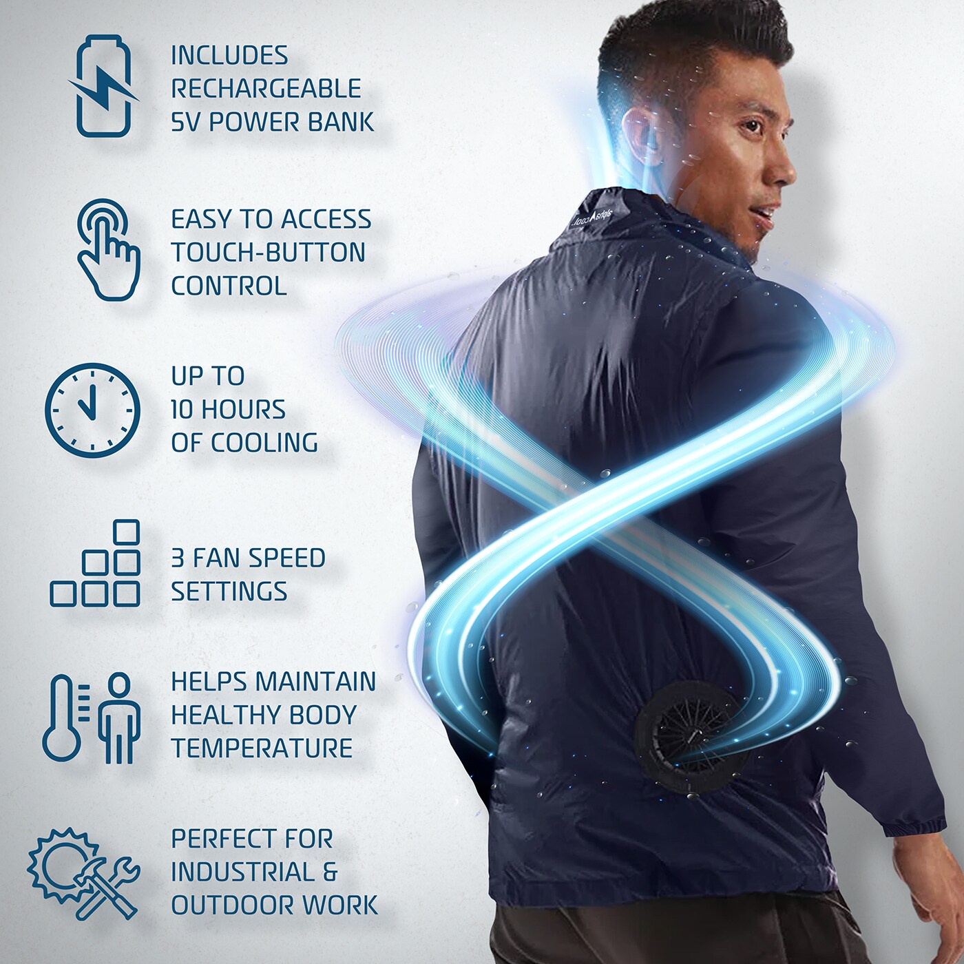 Chamarra bomber ligera color azul marino para adultos unisex (Grande) con batería y cargador incluidos AlphaCool AC-FJ-5V-N-L
