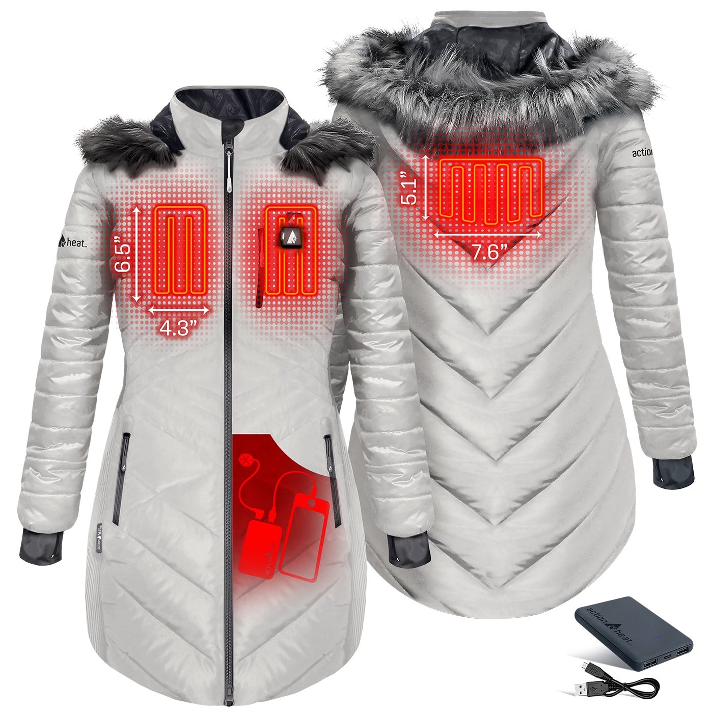Chamarra Acolchada con Capucha de Peso Pesado en Color Blanco para Mujer de ActionHeat, Modelo Antártida (Talla Mediana) - Incluye Batería y Cargador