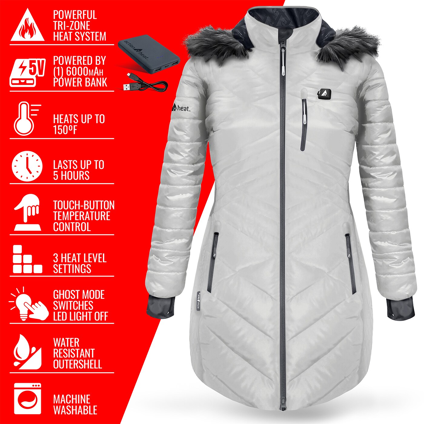 Chamarra Acolchada con Capucha de Peso Pesado en Color Blanco para Mujer de ActionHeat, Modelo Antártida (Talla Mediana) - Incluye Batería y Cargador