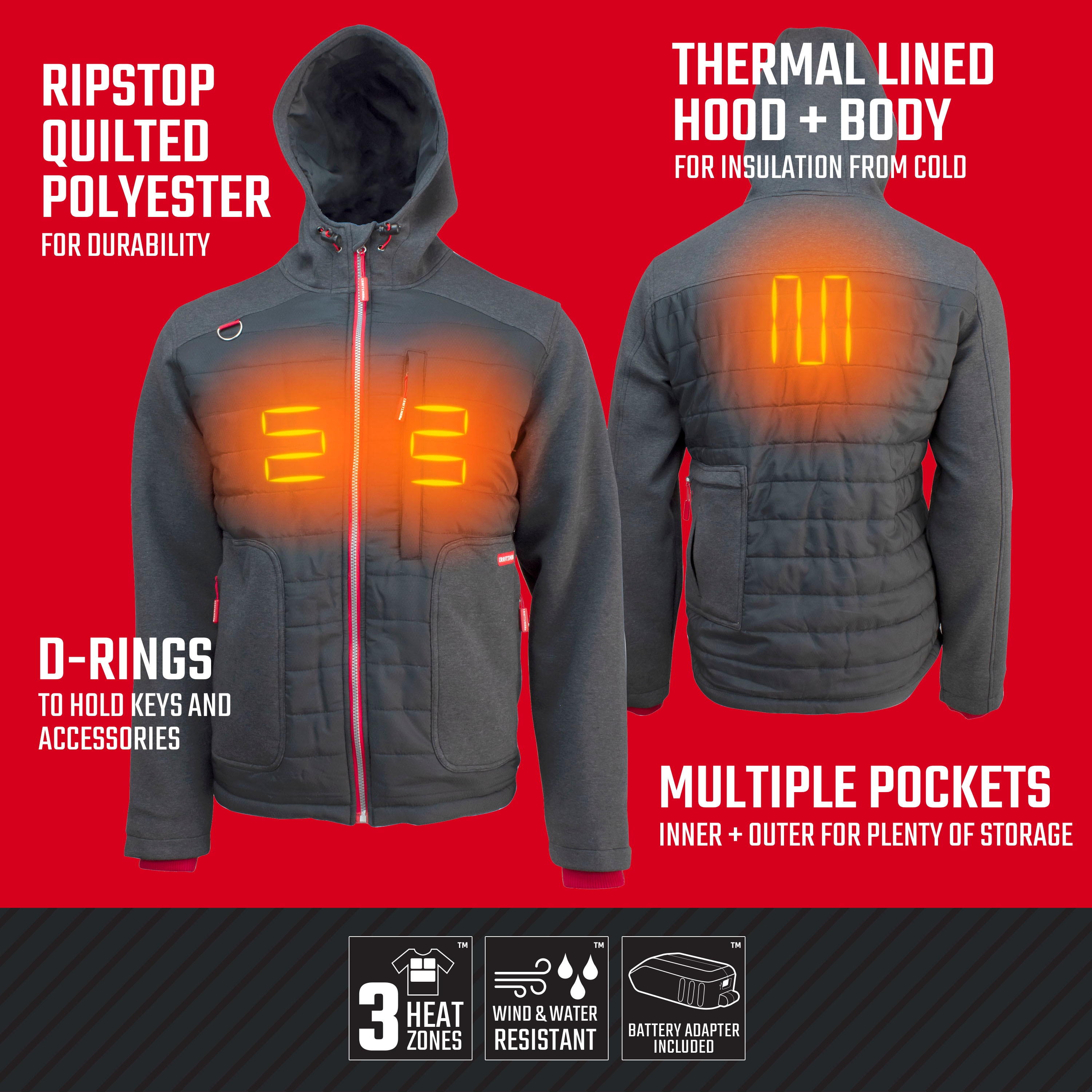 Chamarra térmica gris para hombre (talla mediana) de CRAFTSMAN con batería y cargador incluidos